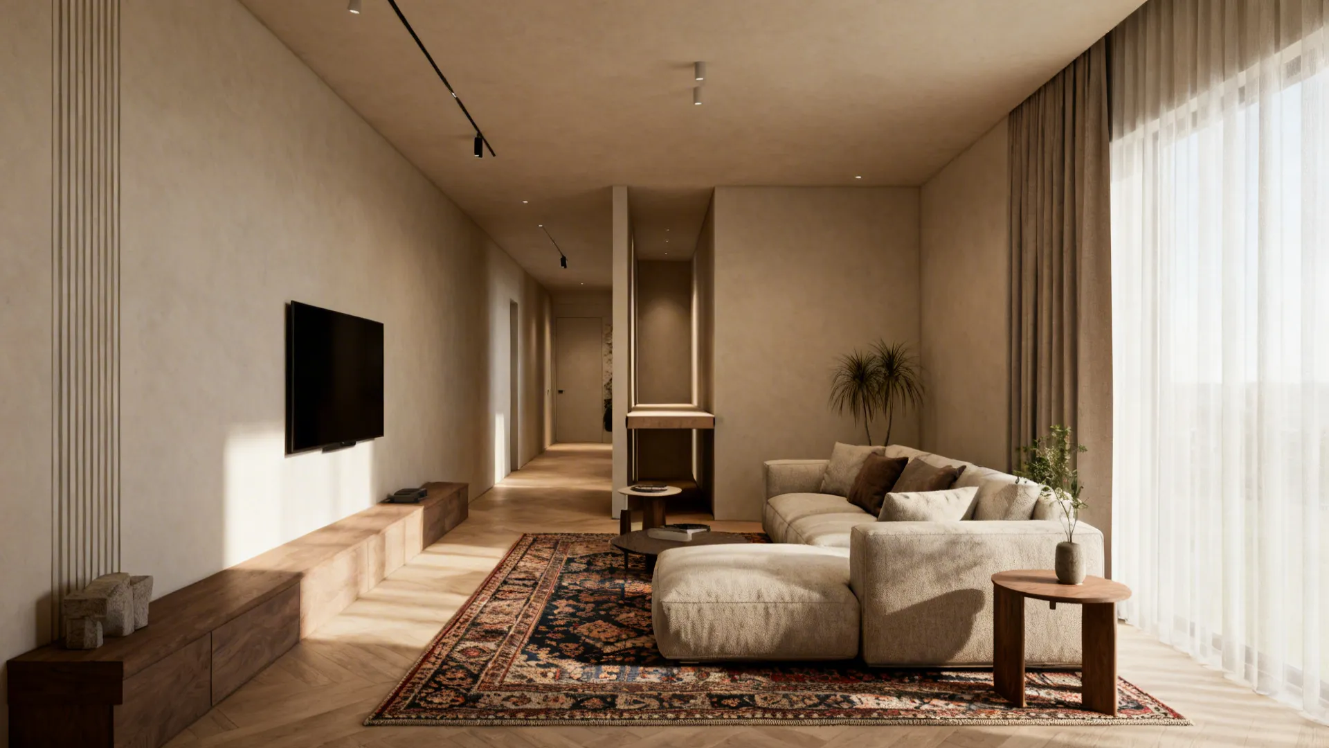 Long narrow living room showing zoning with a rug, slim console behind sofa, and side-wall TV for better flow.