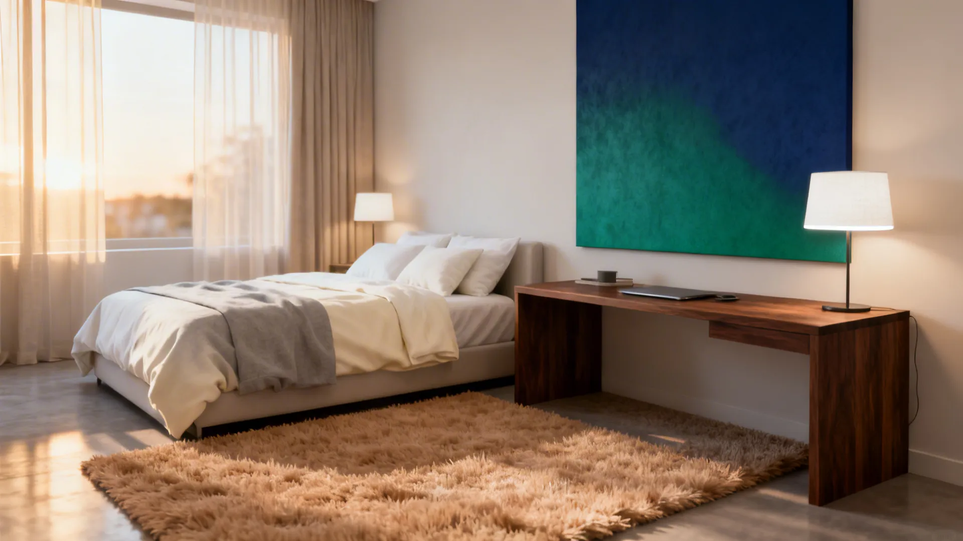 Modern bedroom with a large blue wall painting wooden desk table lamps and shaggy rug