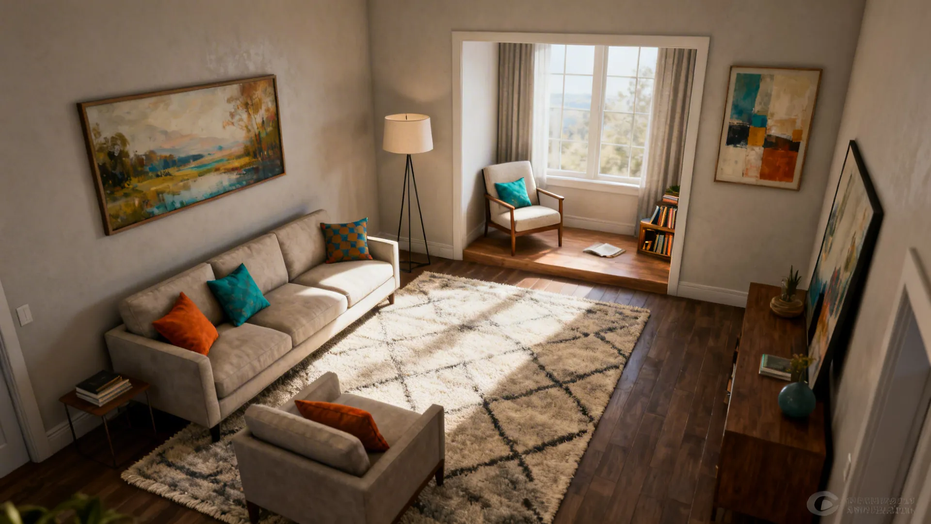 Small living room with rugs and repeating accent color defining seating and reading zones