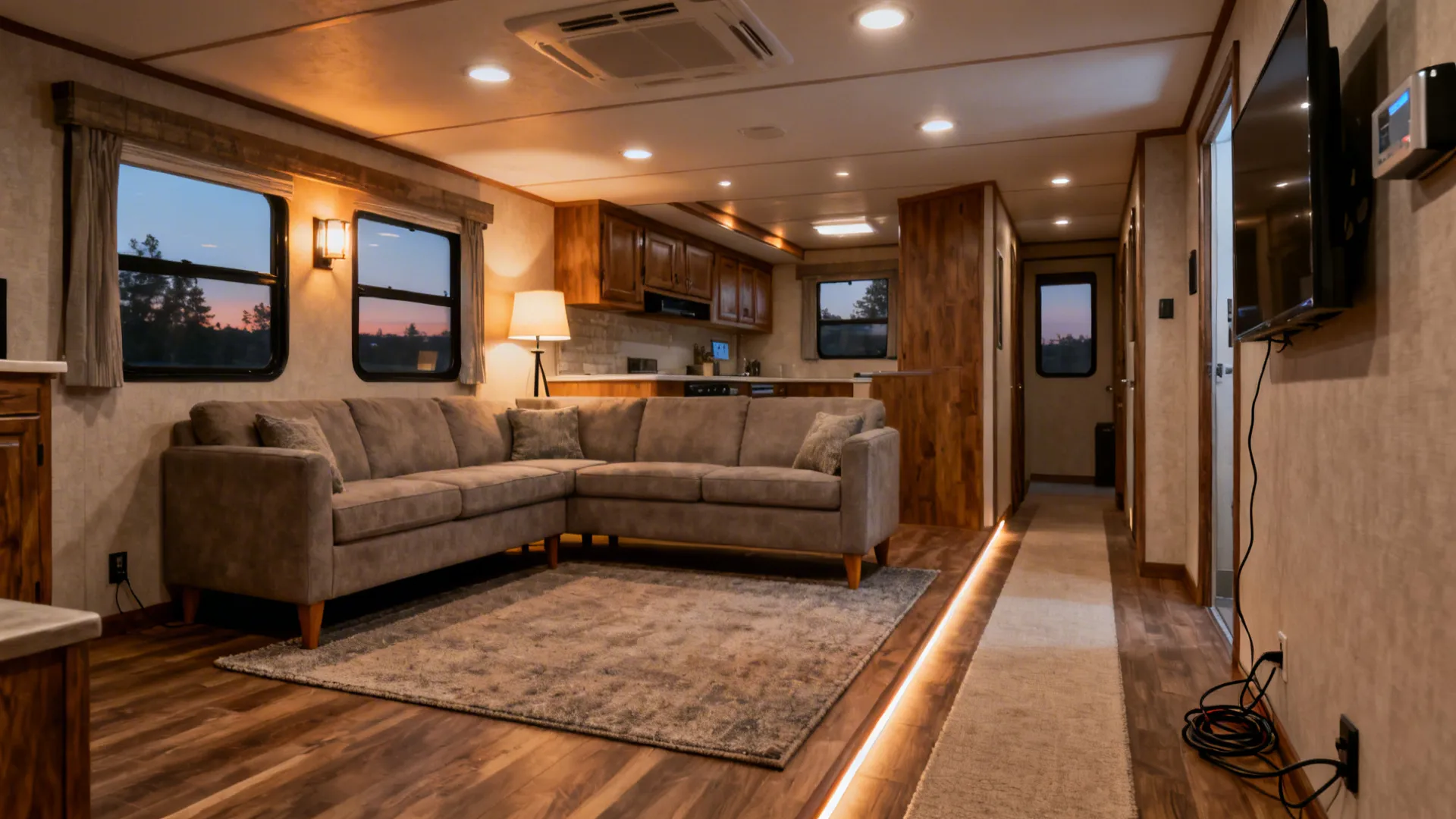 Zoned mobile home living room with a 5x8 rug, runner, and layered lighting.