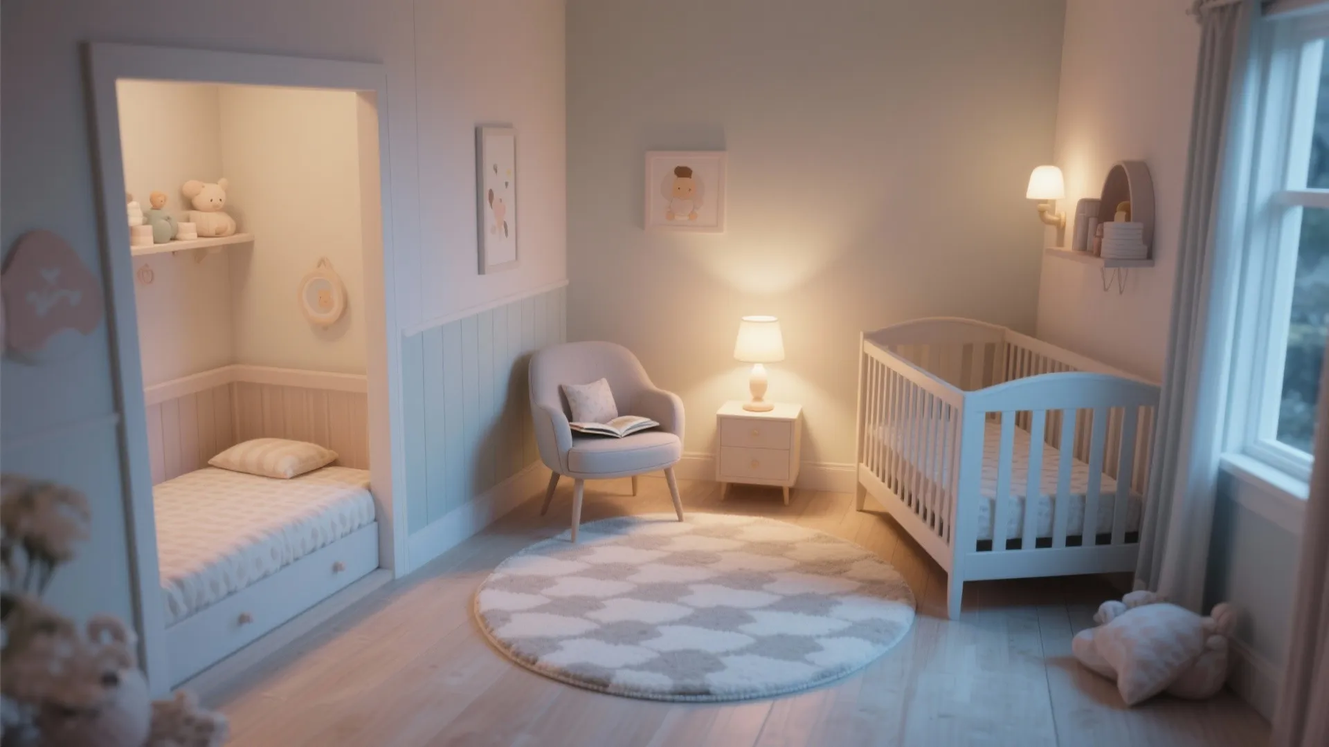 Baby room with white crib grey armchair round rug bedside table lamp and small bed