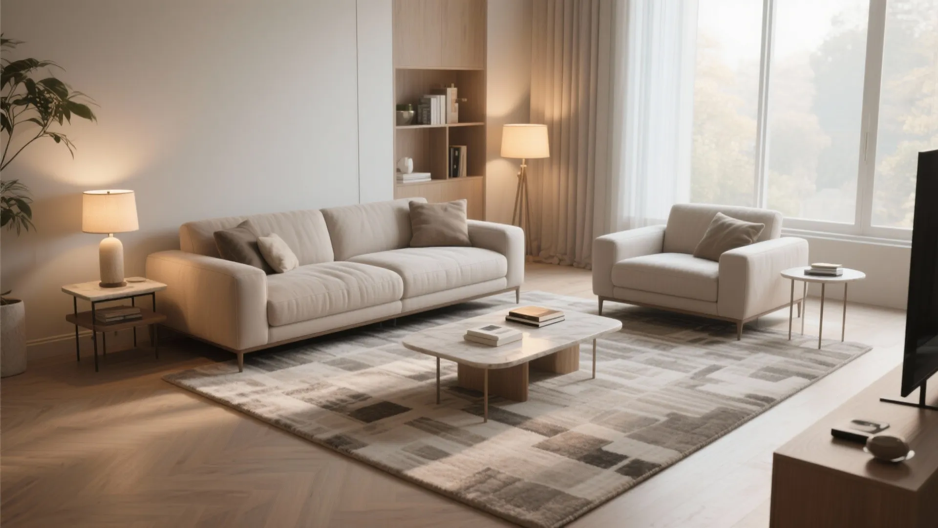 Sectional anchored by a large rug with a reading lamp defining a cozy seating zone