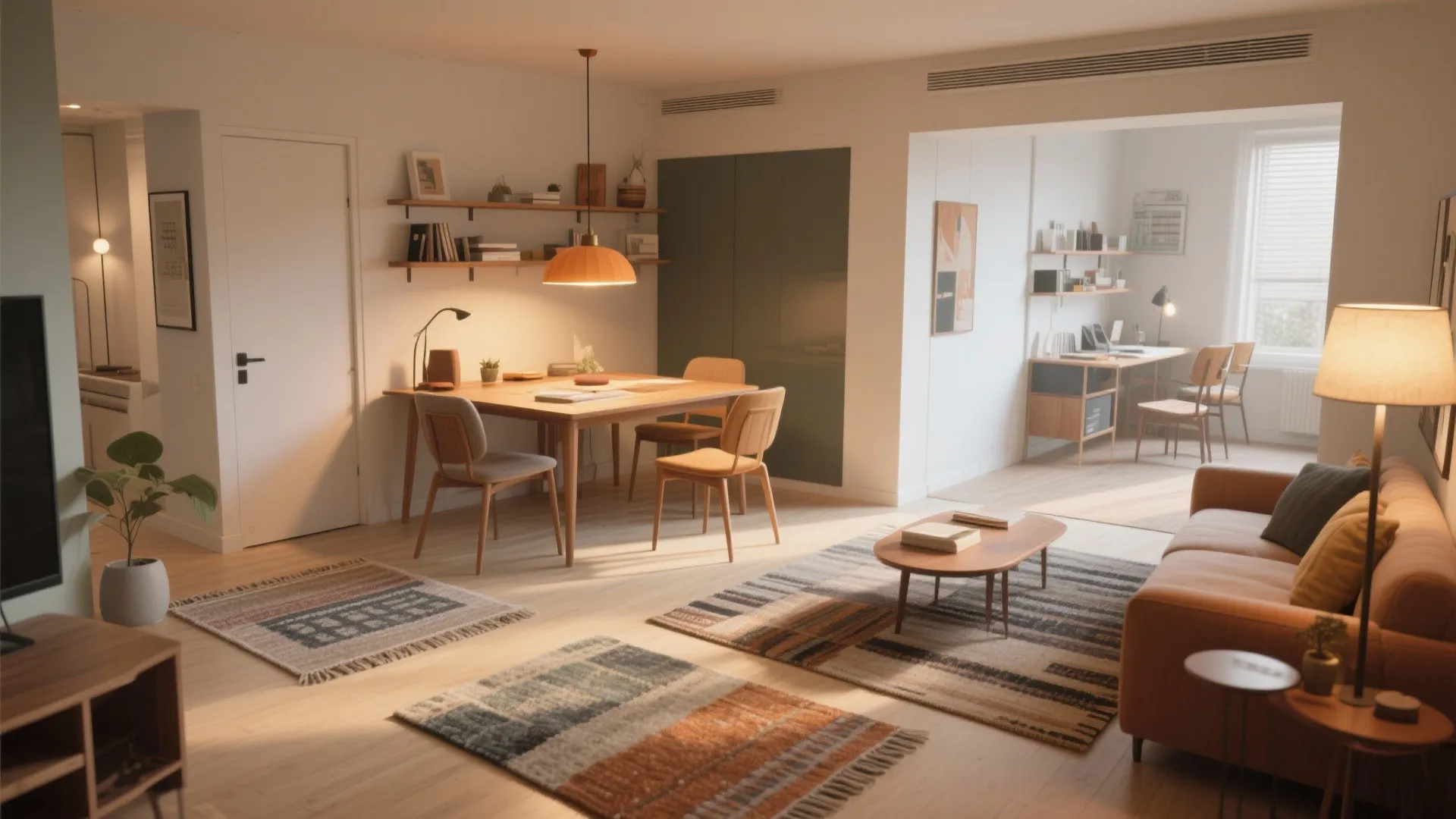 Compact apartment zones defined by rugs and layered lighting including a pendant and floor lamp
