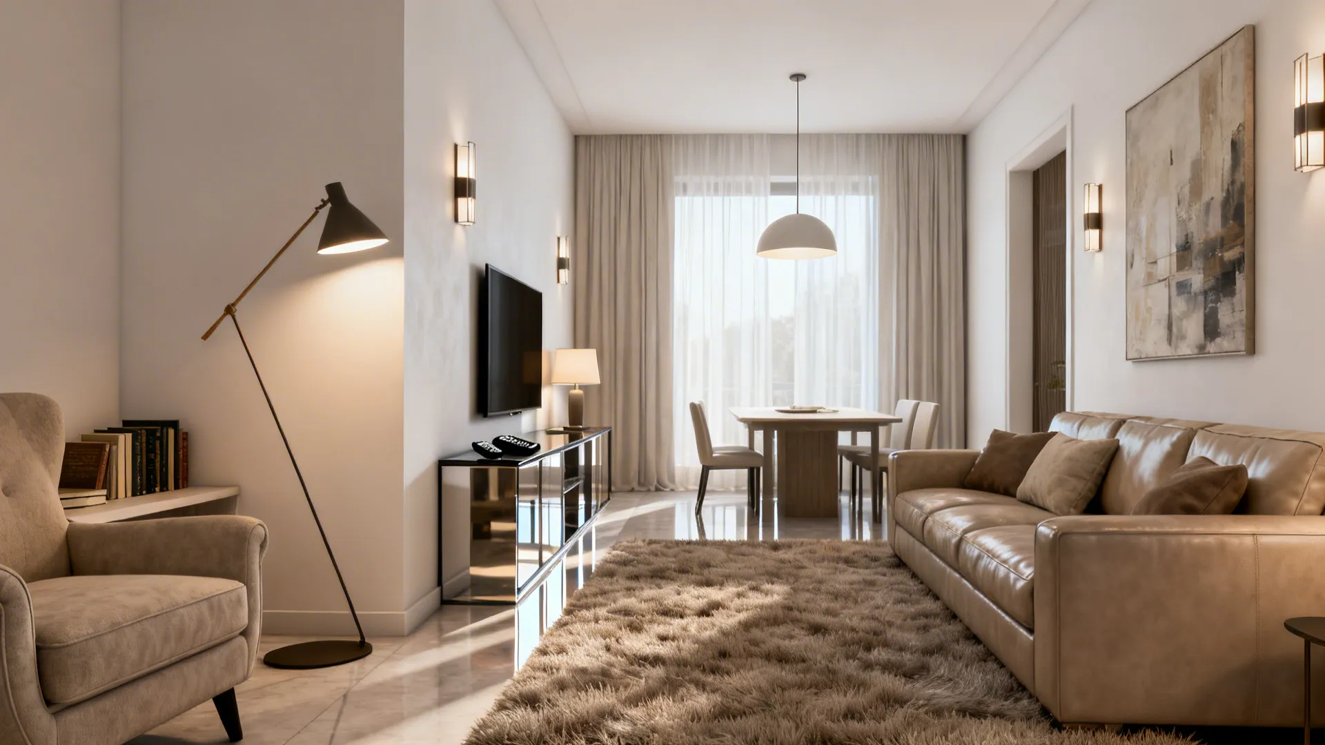 Rug-defined TV zone with layered lighting and a narrow console behind seating