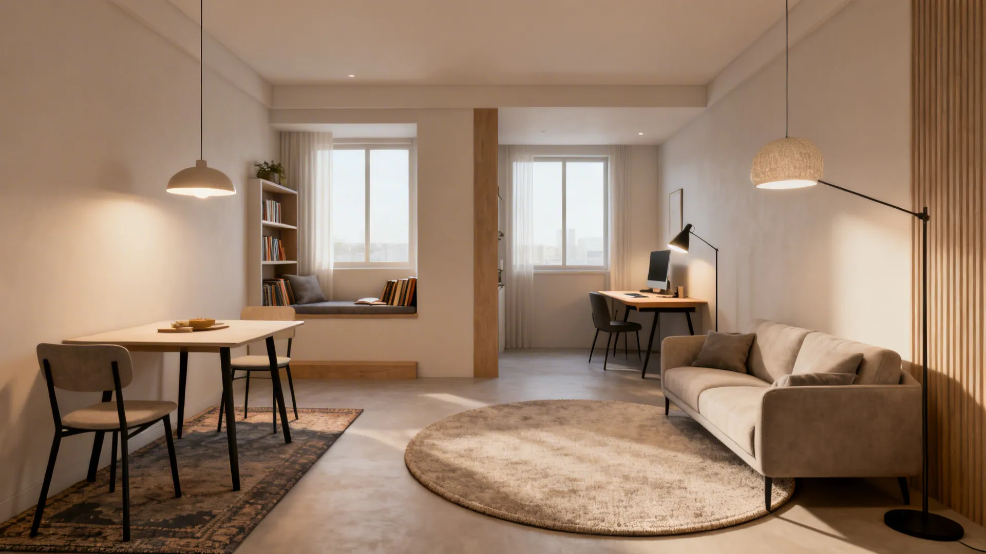 3. Create flexible zones with rugs and lighting