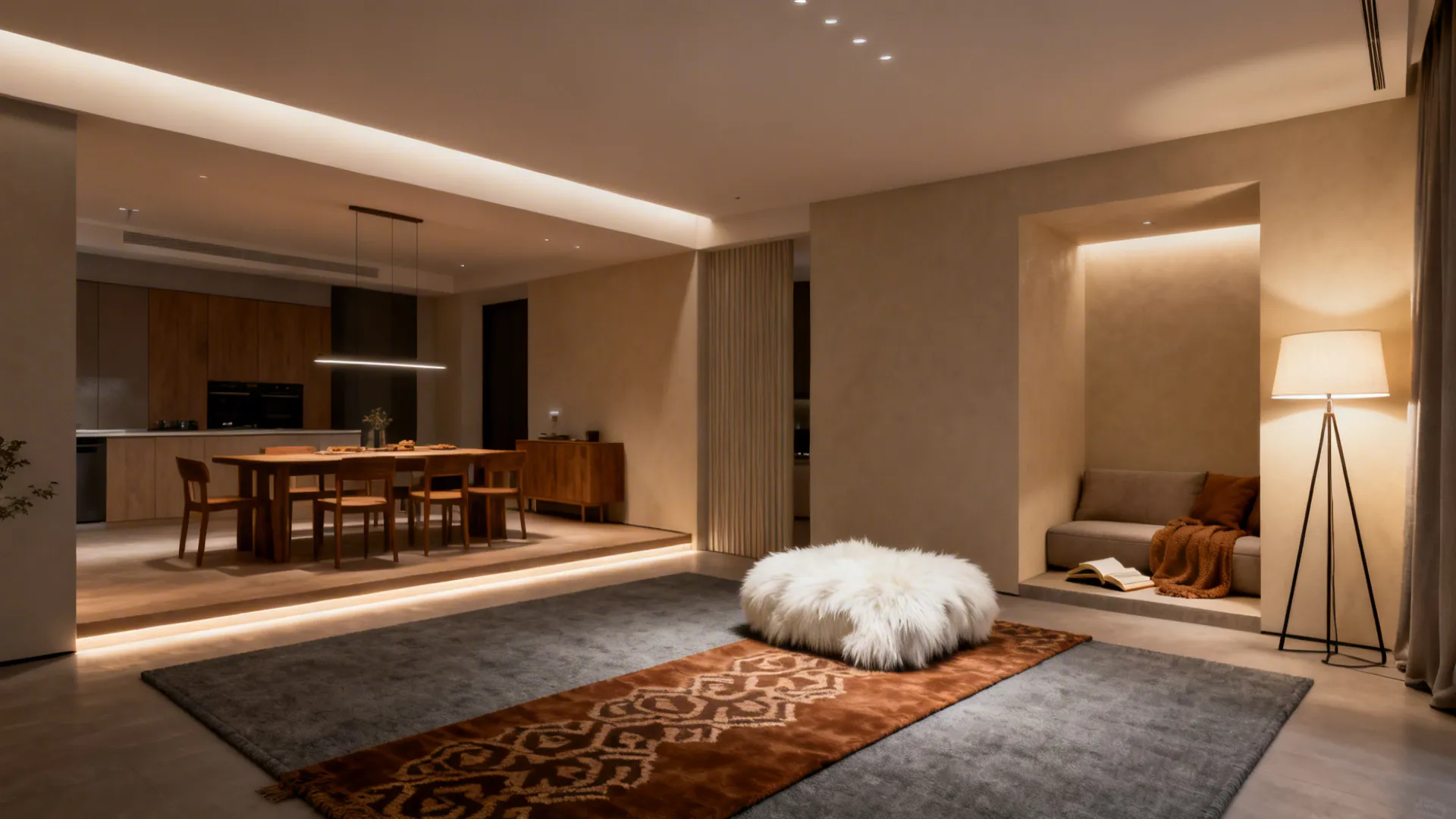 Living area with layered rugs and layered lighting defining seating and dining zones