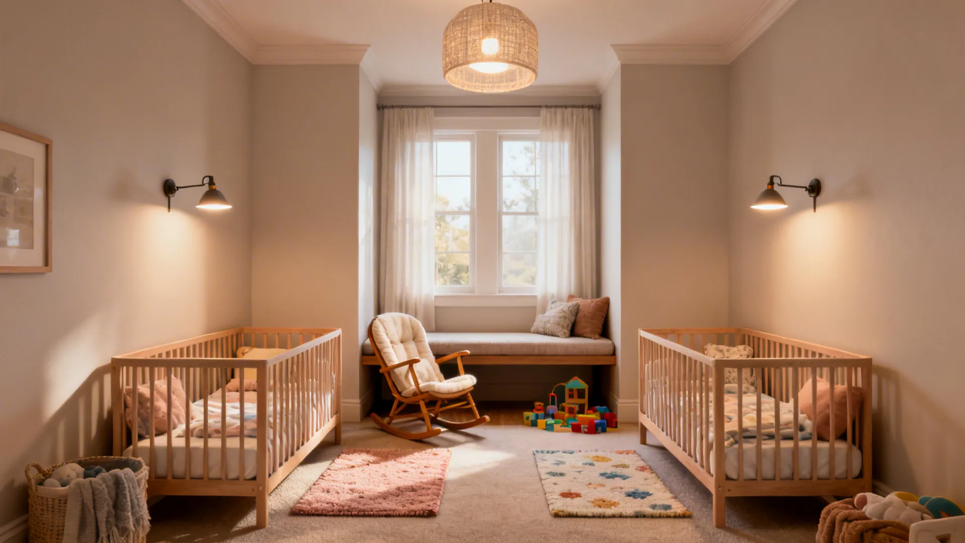 Zoned nursery with rugs and layered lighting separating sleep and play areas