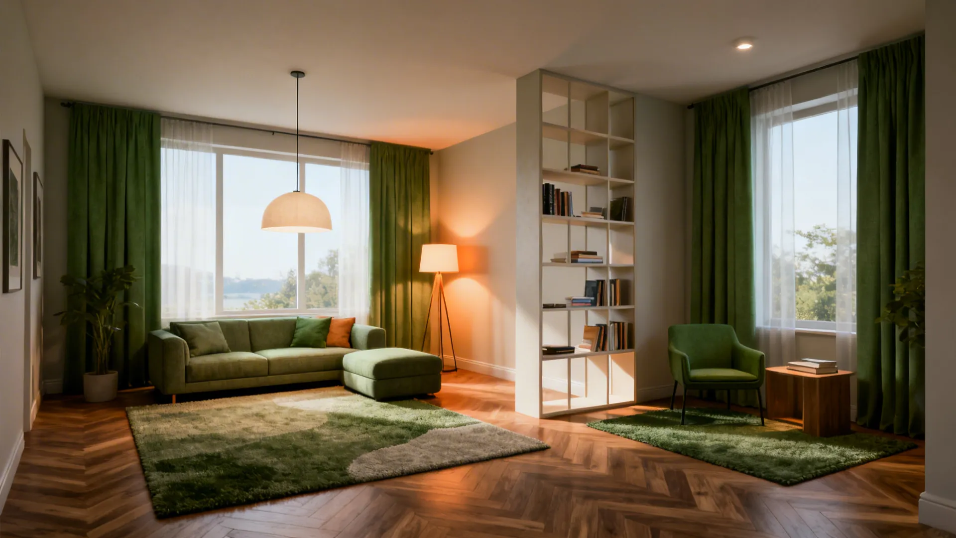 Small living room with zones defined by rugs, pendant light, floor lamp and a low bookshelf divider.