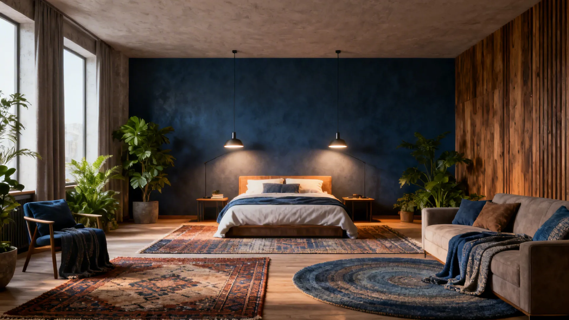Modern bedroom with blue wall wooden panels two ceiling lights patterned rugs and a grey sofa