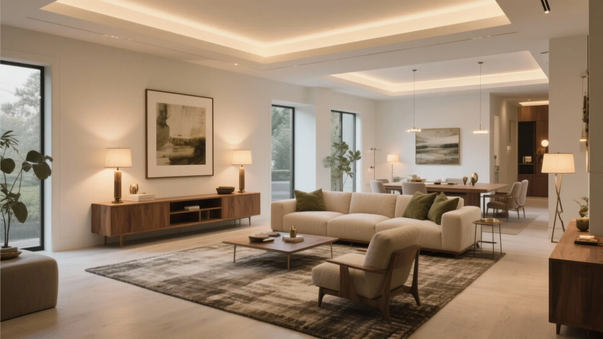 Layer zones with rugs, light, and console-backed sofas
