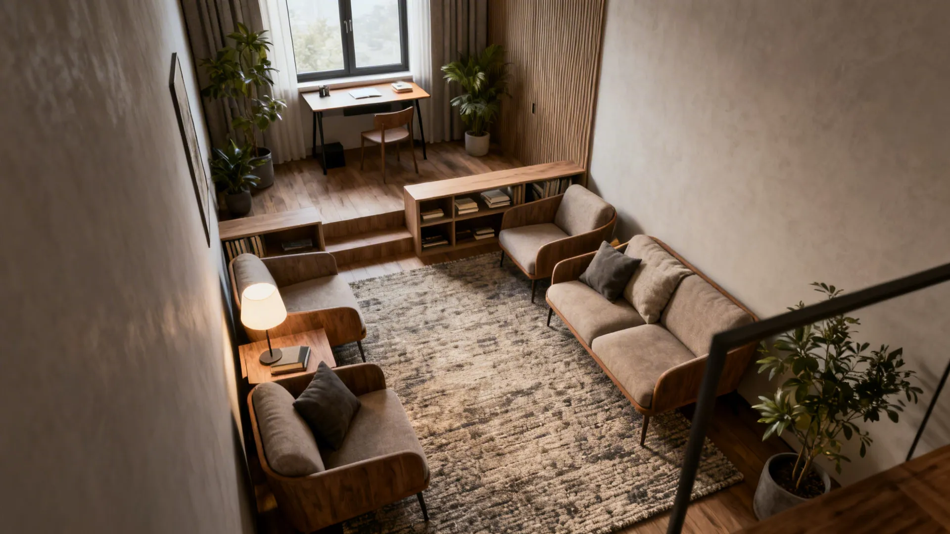 Living room interior with brown sofas large textured rug indoor plants and wooden study desk area
