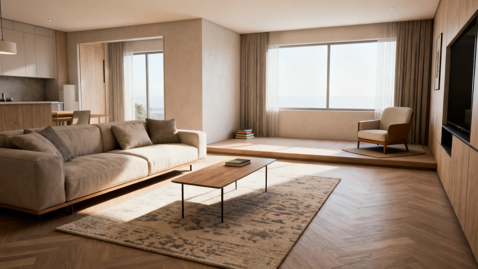 Open-plan compact interior with a single rug and low-profile furniture defining seating and reading zones.