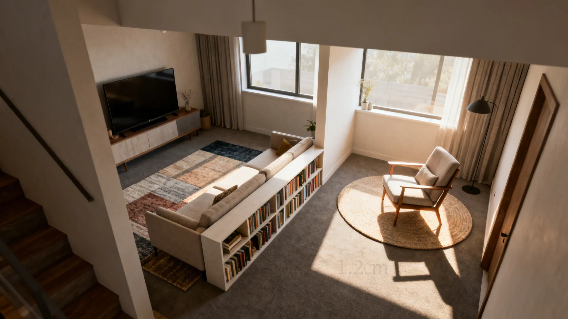 Compact living room with distinct zones created by rugs and a narrow bookcase dividing TV and reading areas