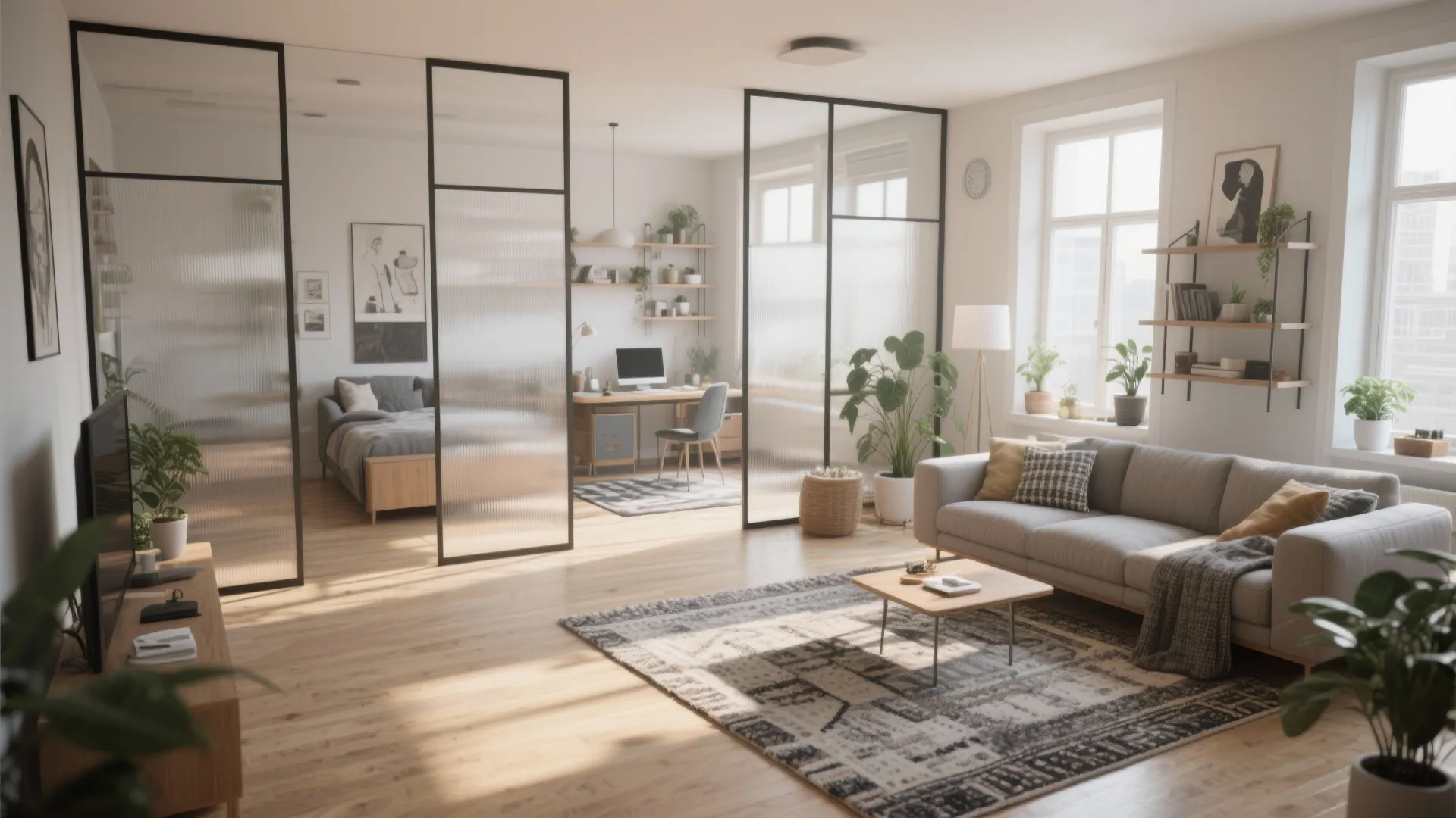 Shared living area zoned with rugs, low shelving, and translucent screens to balance privacy and light.