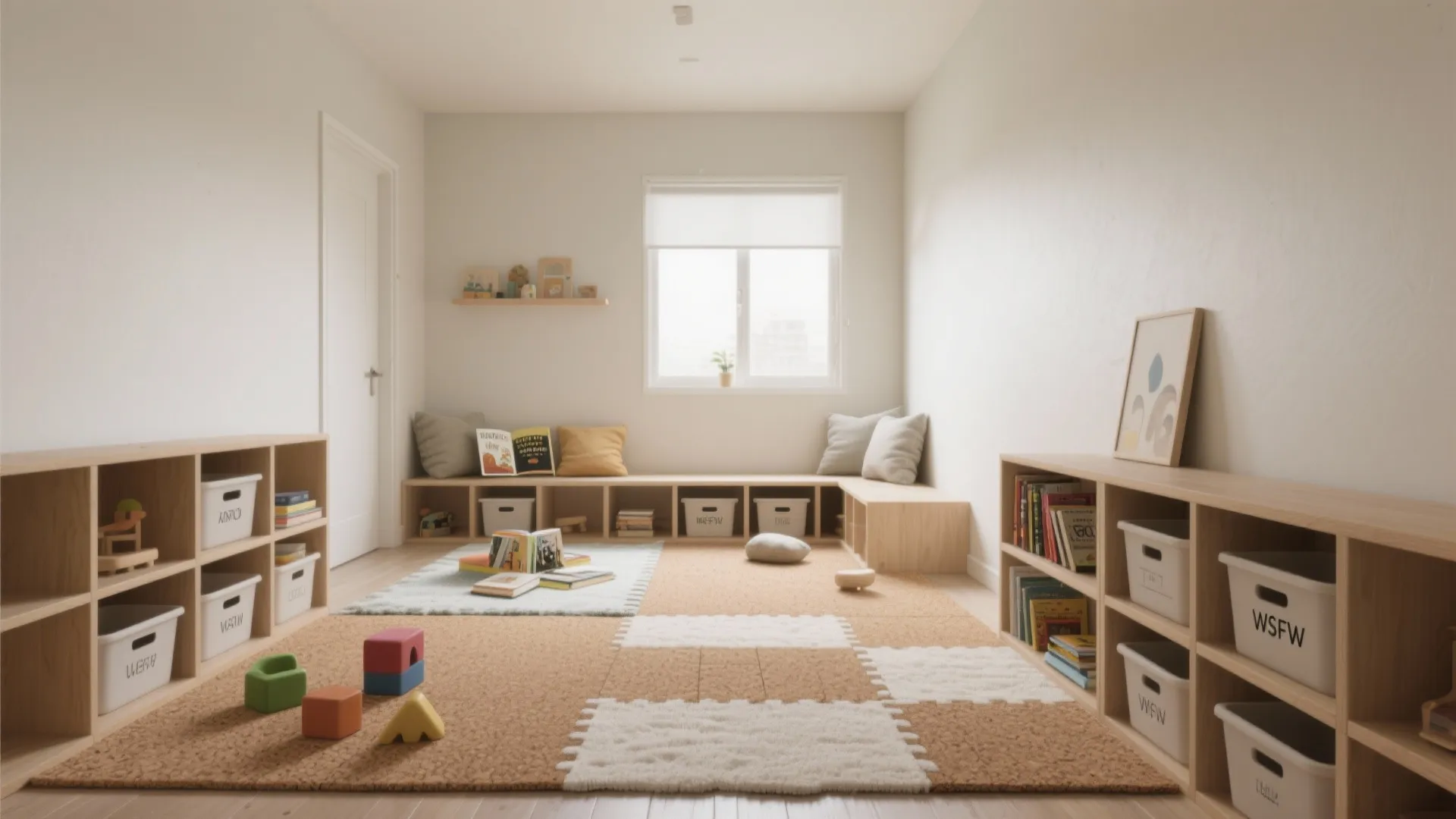 5. Zone with rugs and low shelves