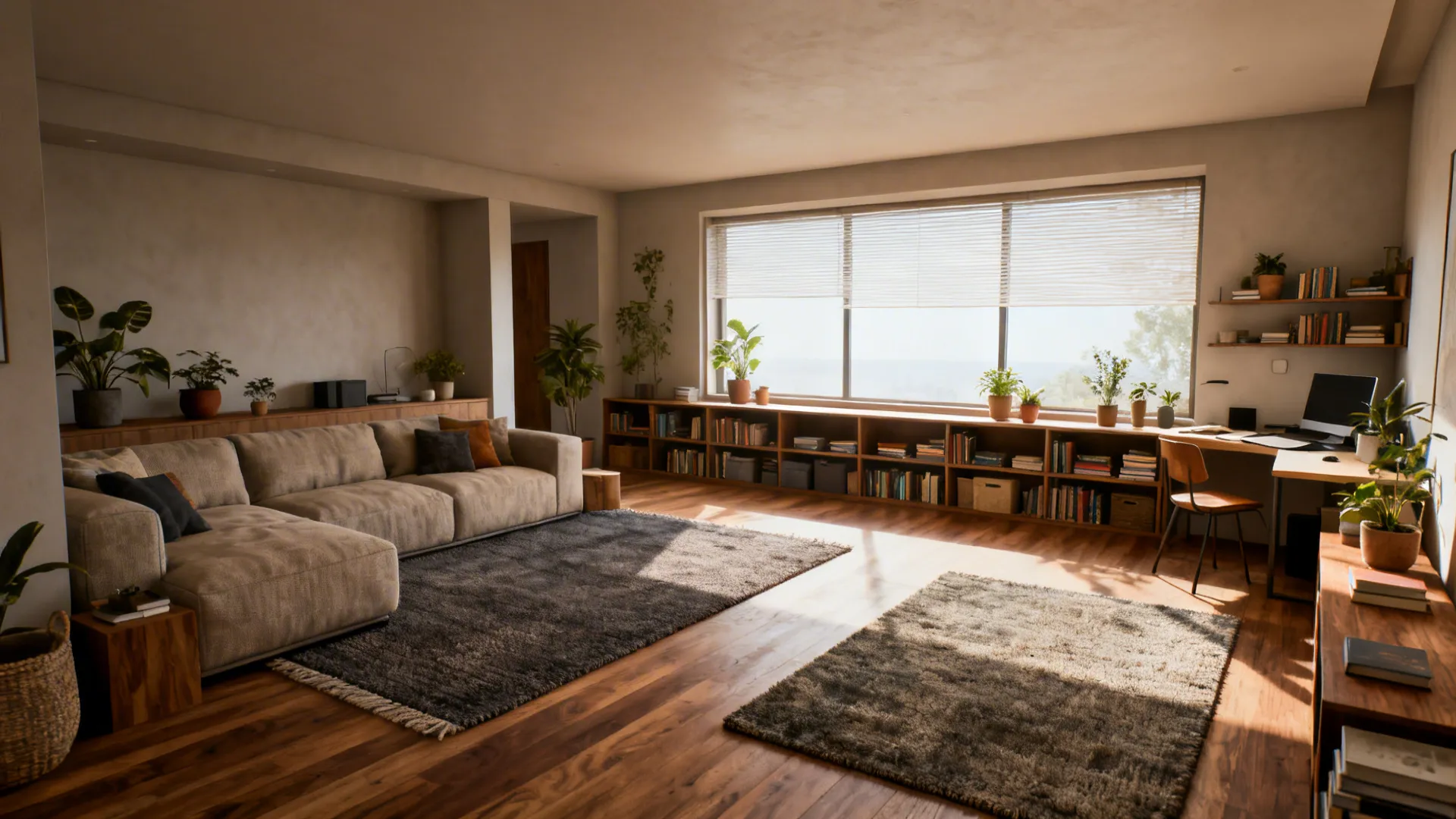 Rectangular living room with rugs defining seating and reading zones and open shelving dividing space.