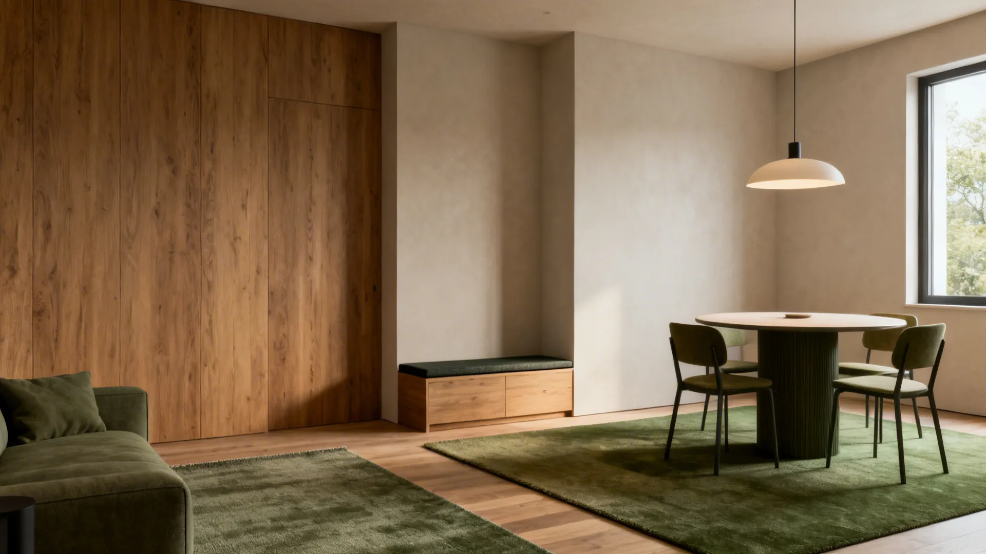 Modern living room with green sofa green rugs wooden wall panel and round dining table