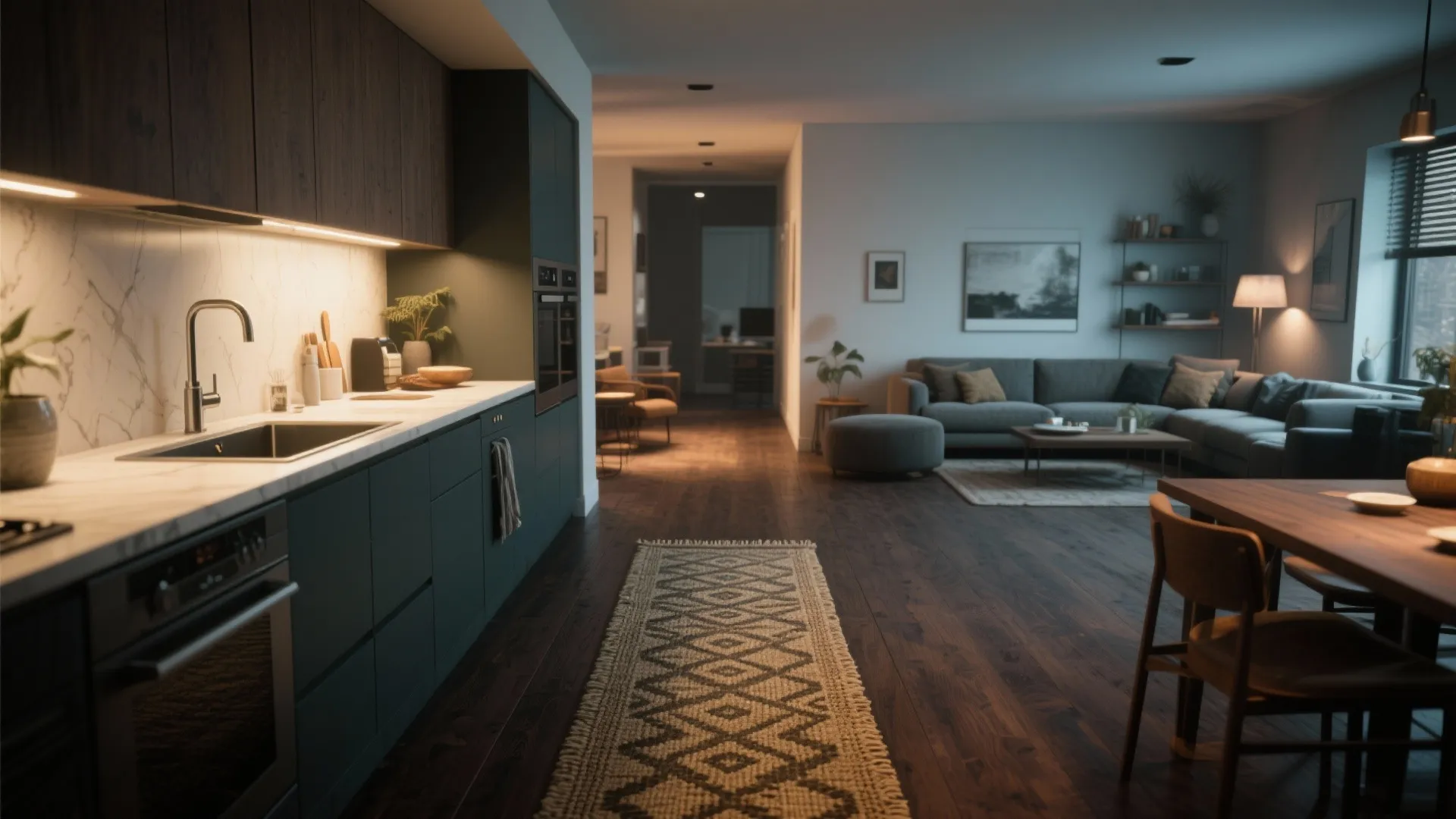 Modern open living area with dark wood floors patterned rug grey sofa and kitchen island lighting
