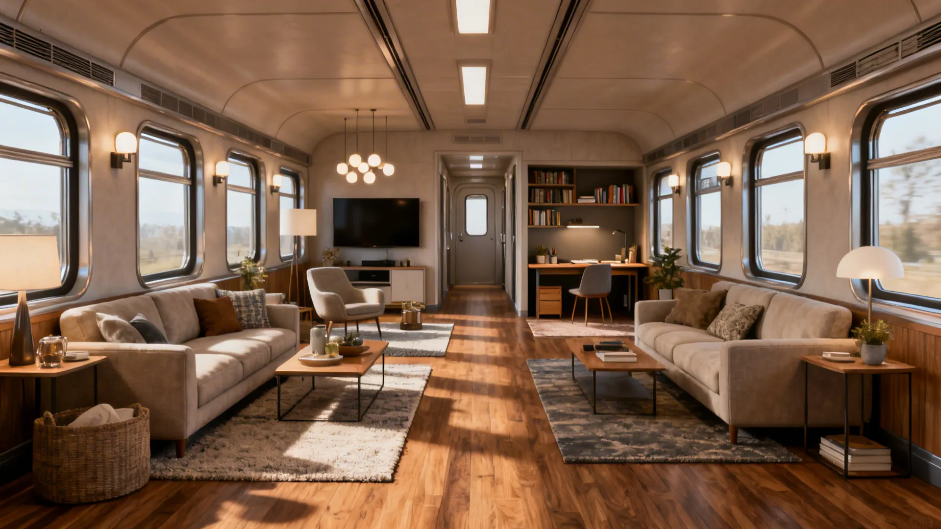 Modern train carriage with two beige sofas wooden floor ceiling lights windows TV and desk