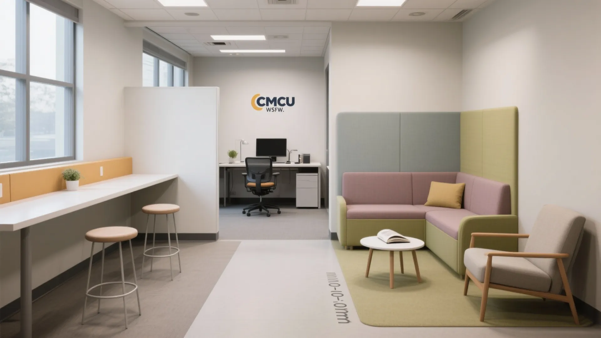 Zoned seating: focus, quick huddle, recharge