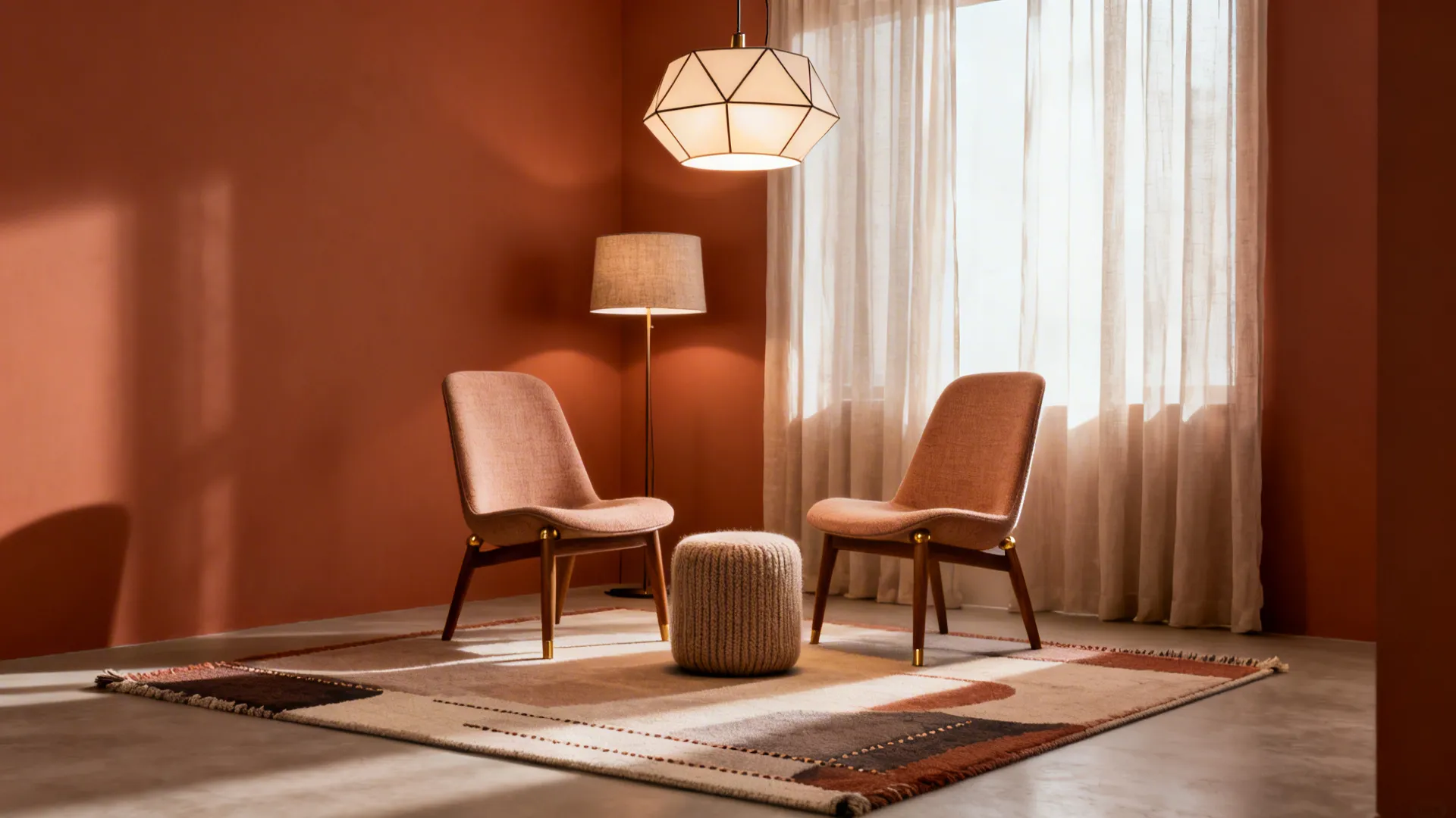 Cozy seating zone on a small rug with pendant lighting and layered lamps.