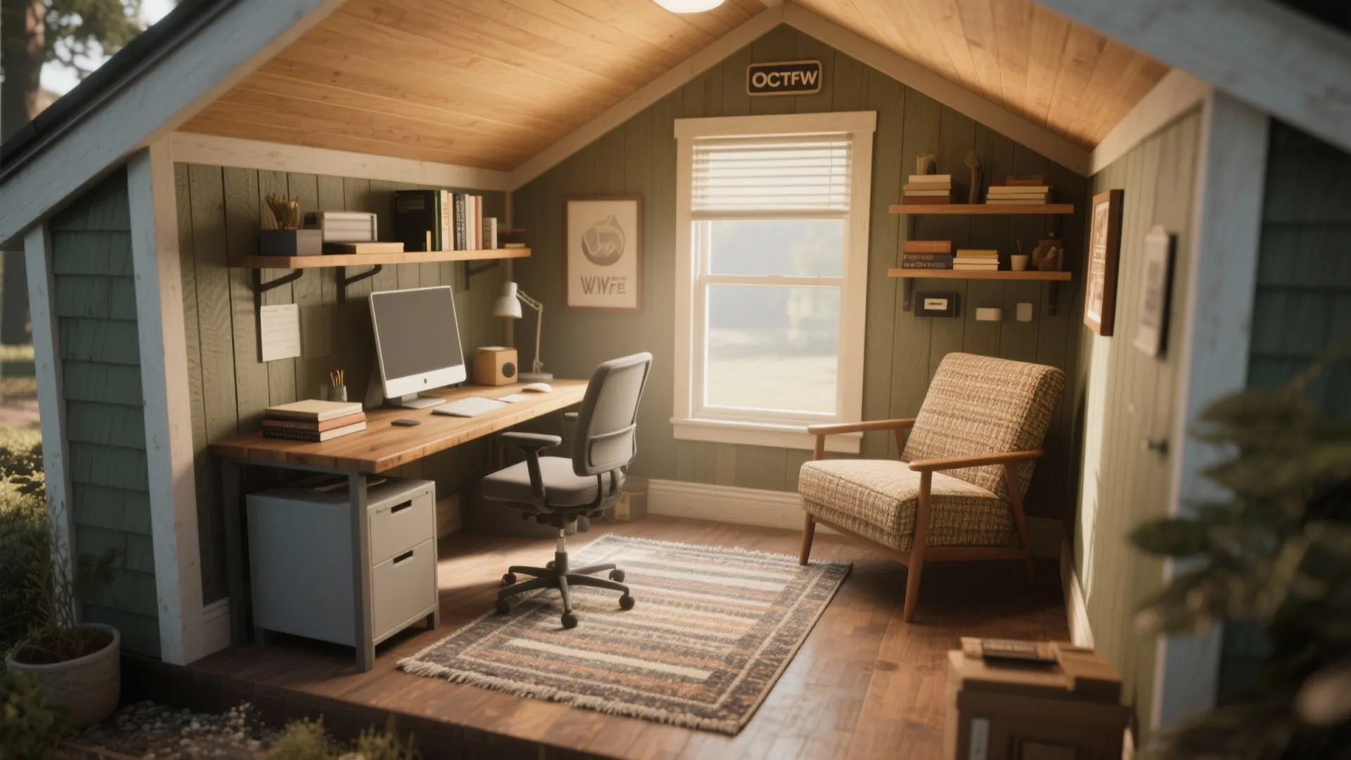 Cozy backyard garden office with green walls, wood ceiling, desk, computer, chair, and armchair interior