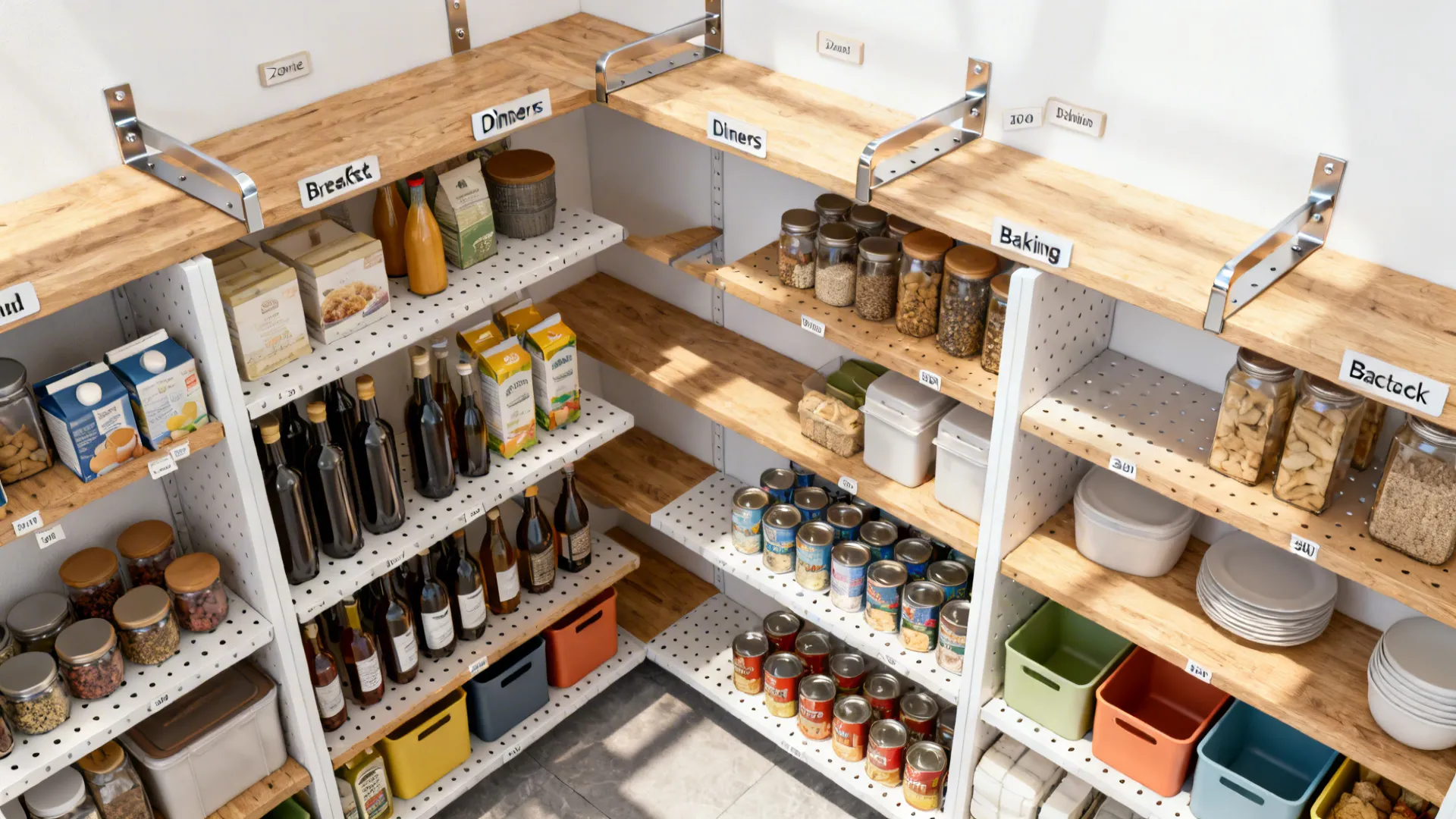Top-down view of adjustable pantry shelves zoned for breakfast, dinners, baking, and backstock.
