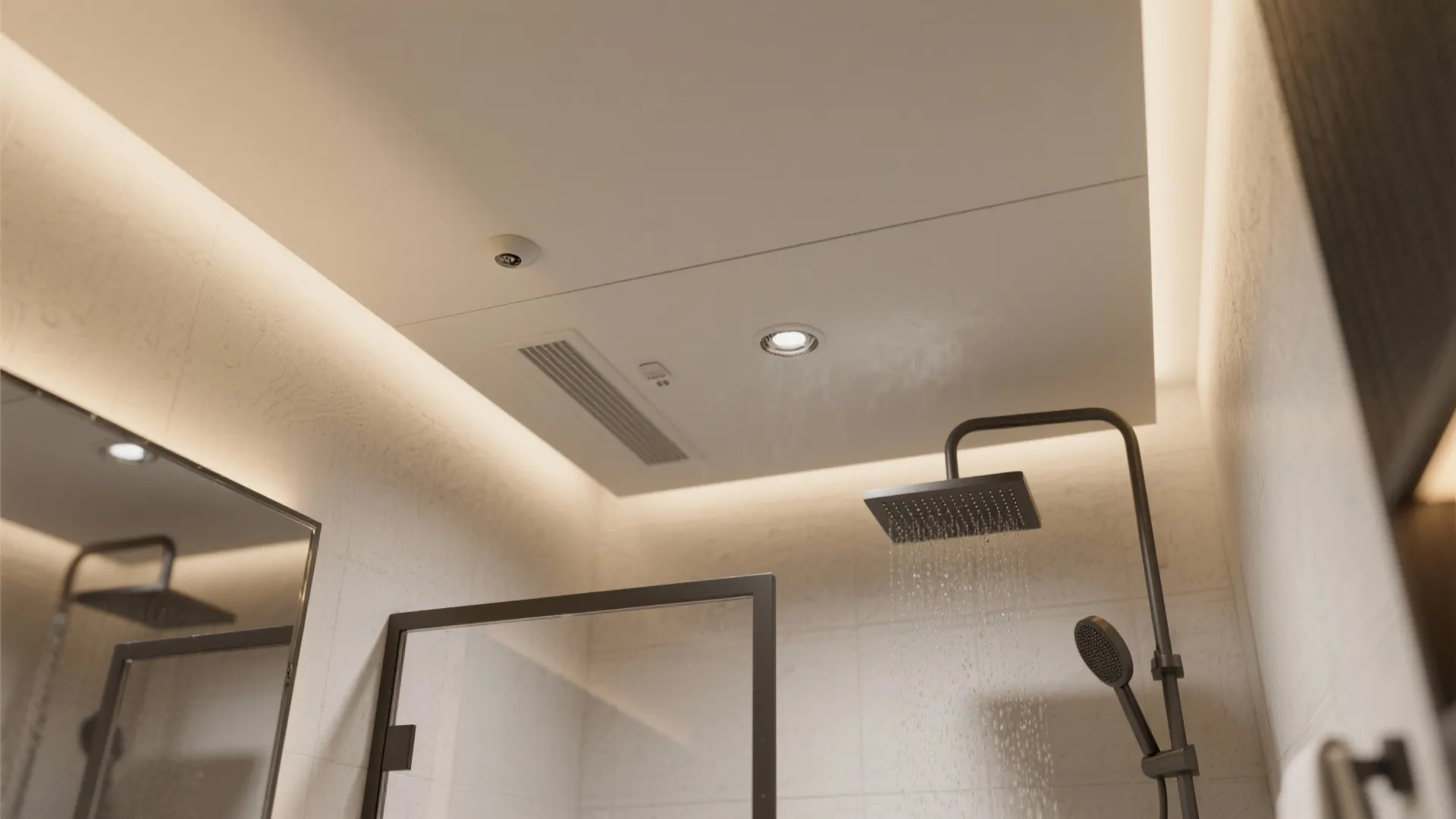 Modern shower area with a black shower head, glass door, ceiling light, and warm lighting