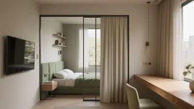 Modern Bedroom with Green Accent and Glass Divider