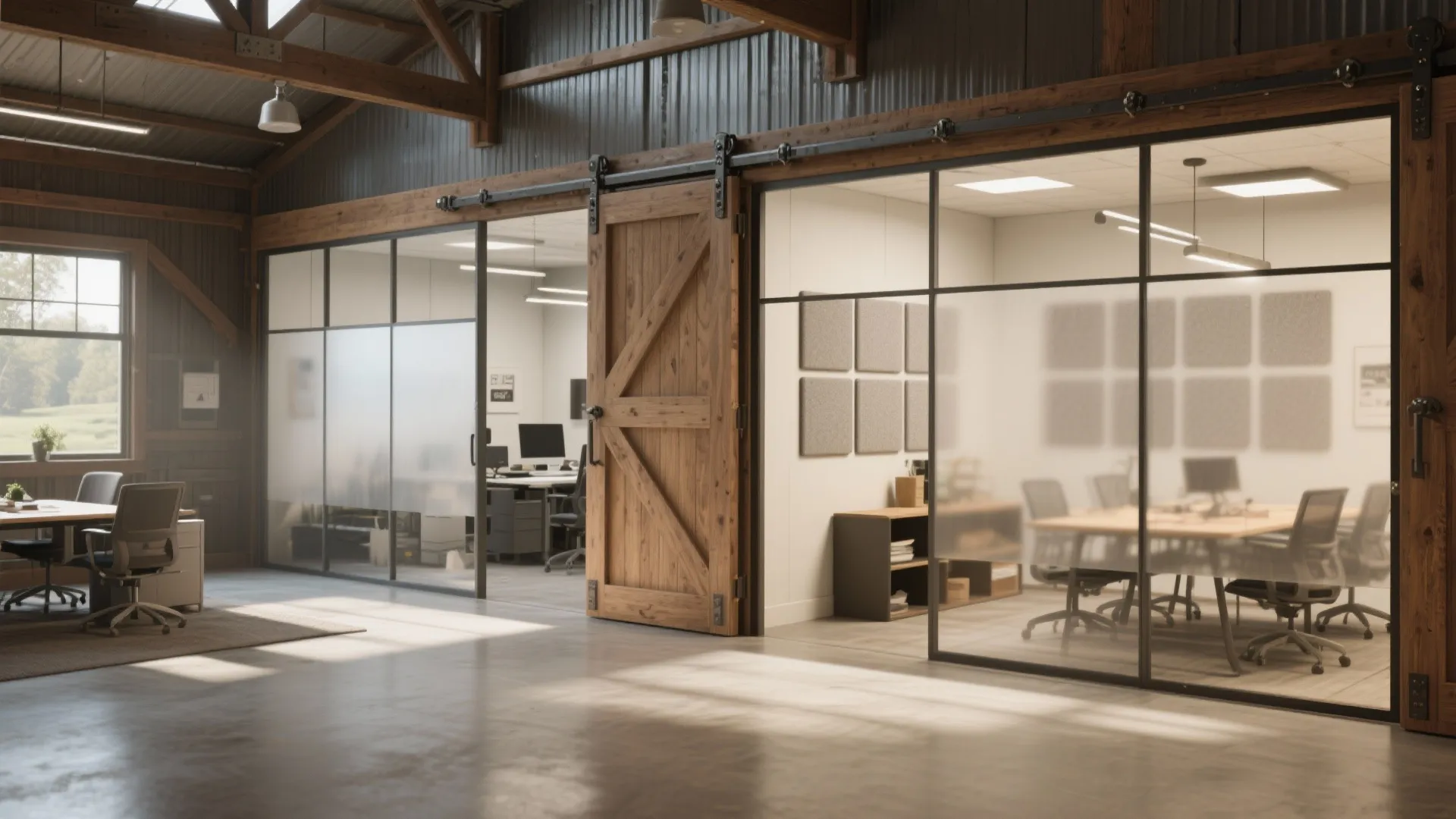 2. Zoned Workspace with Sliding Barn Doors