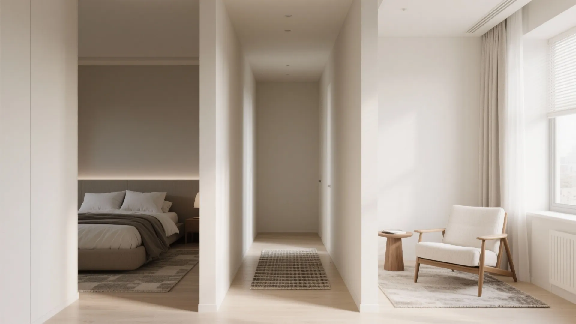 Modern interior design with a bedroom, narrow hallway, and seating area featuring one white armchair