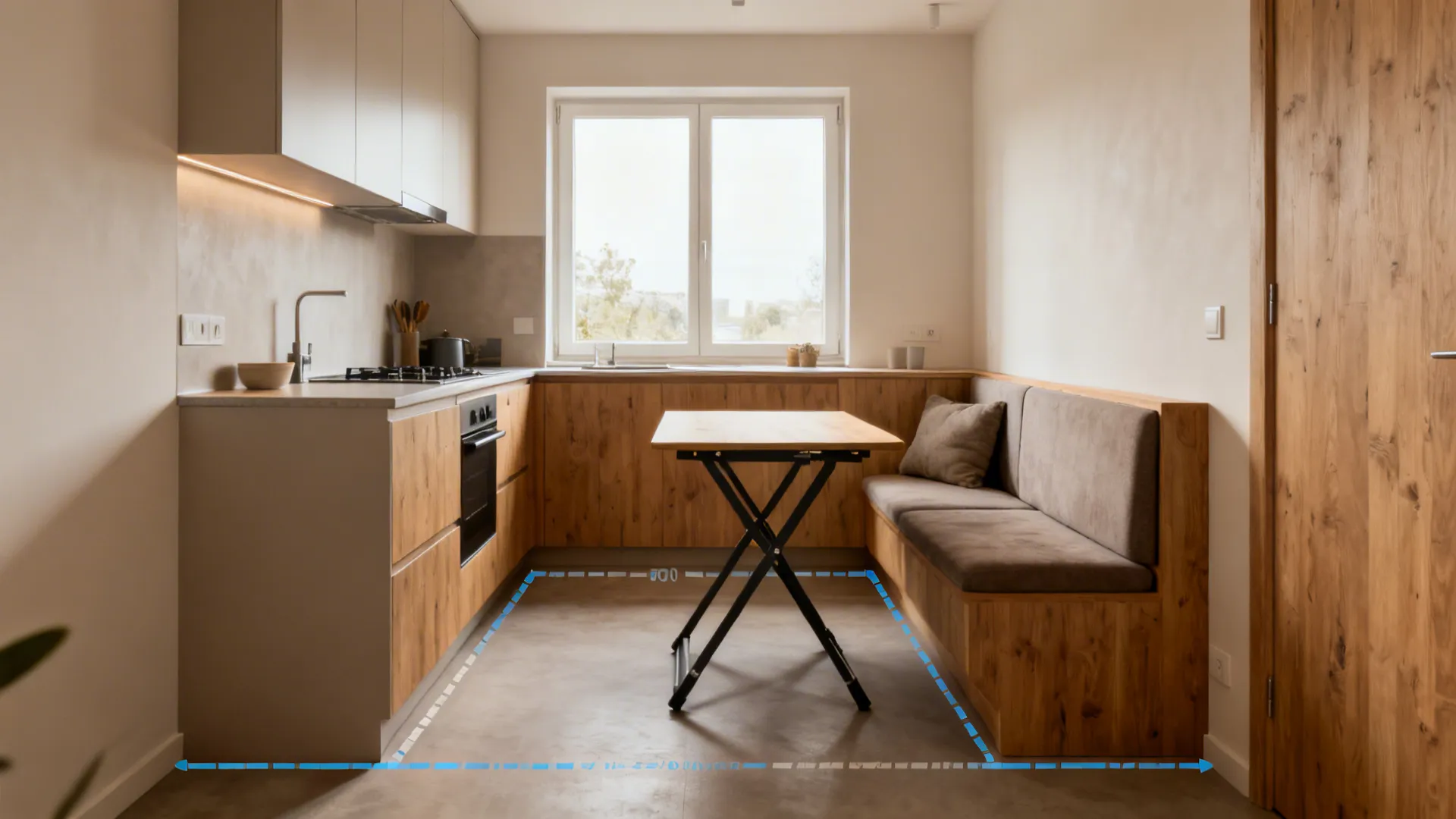 Zoned small apartment layout with L-shaped kitchen, folding dining, and clear walkways.