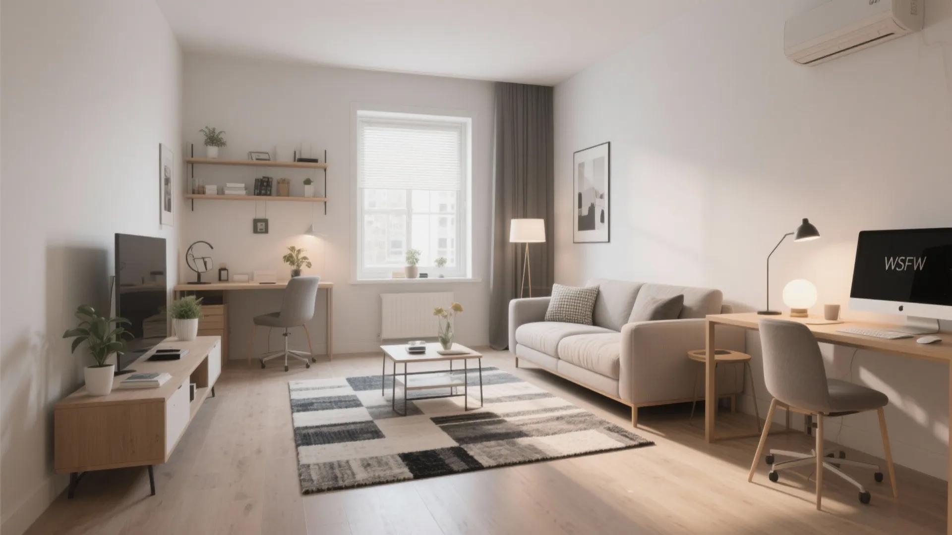 Small living room layout with grey sofa rug coffee table and wooden desk home office