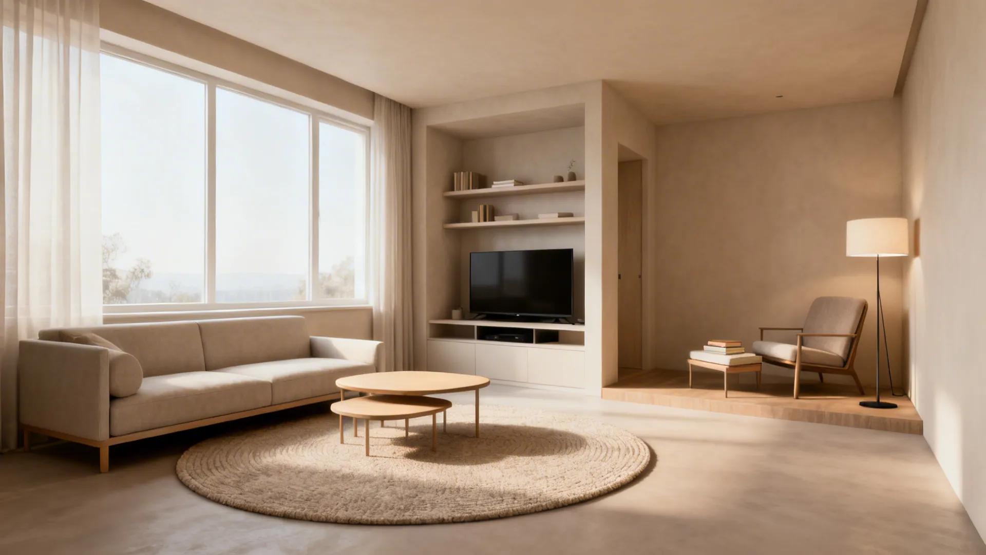 Small living room with rug-defined seating zone, low furniture and nesting tables for flow