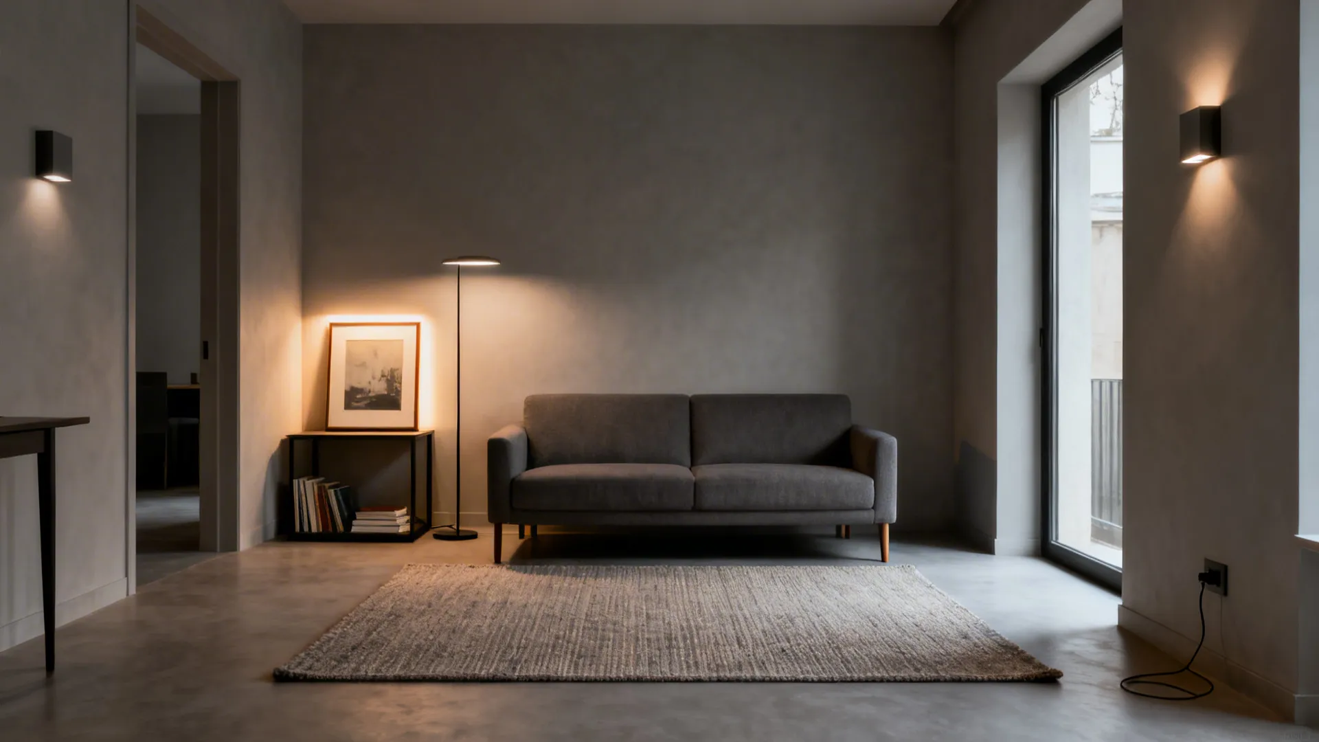 Small living room with one large rug, slim furniture, floor lamp, and picture light creating zones.