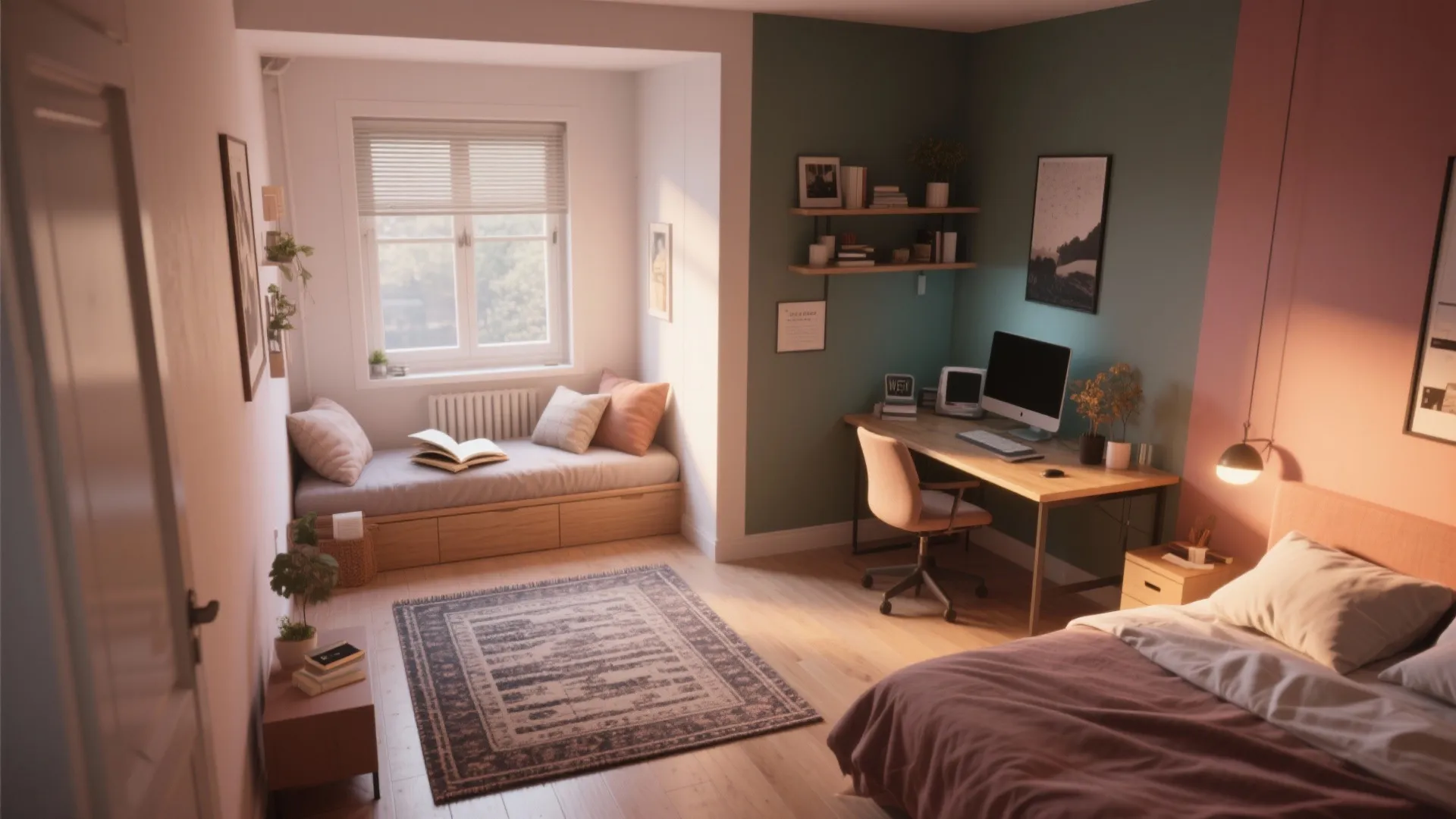 Small bedroom with reading nook and work zone