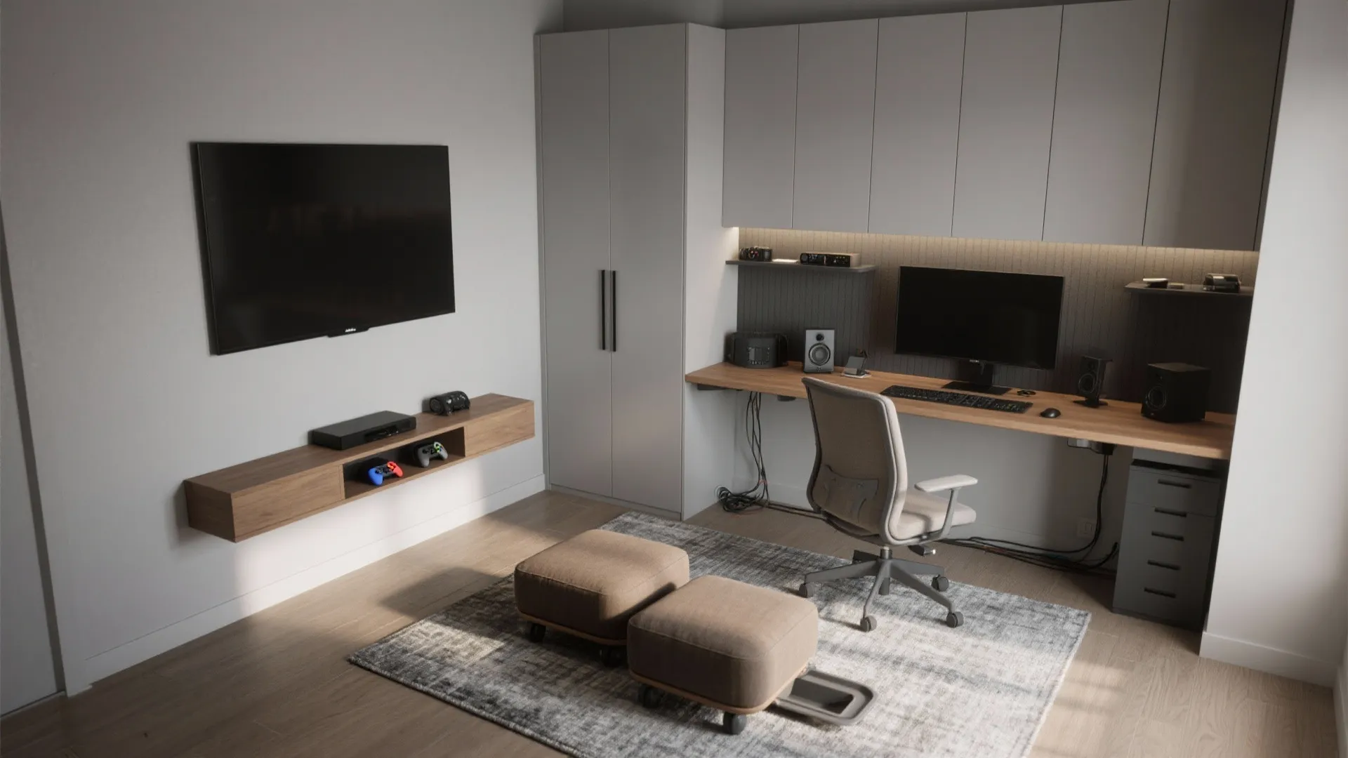 Home office with long wooden desk and grey chair next to wall mounted television footrests