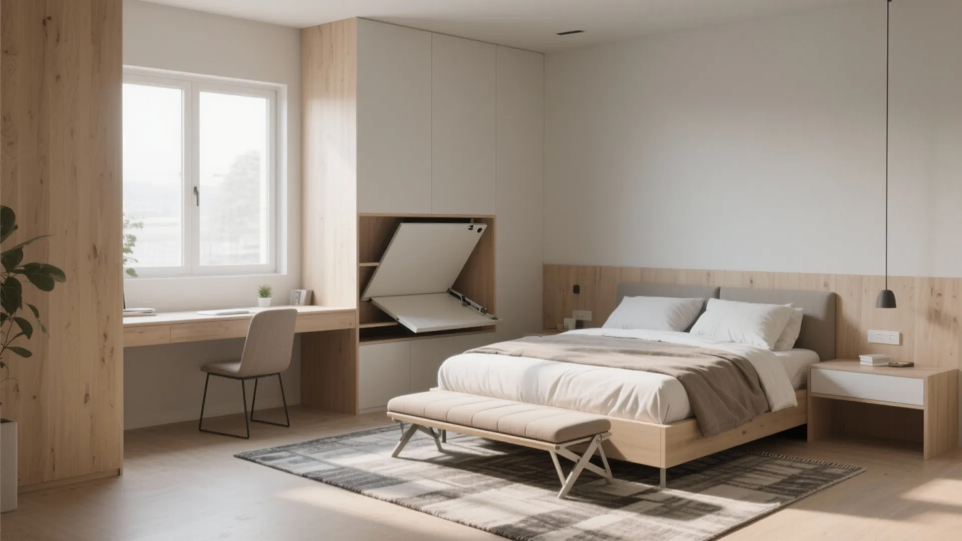 Modern small bedroom featuring wooden desk by window and white bed with footrest on grey rug