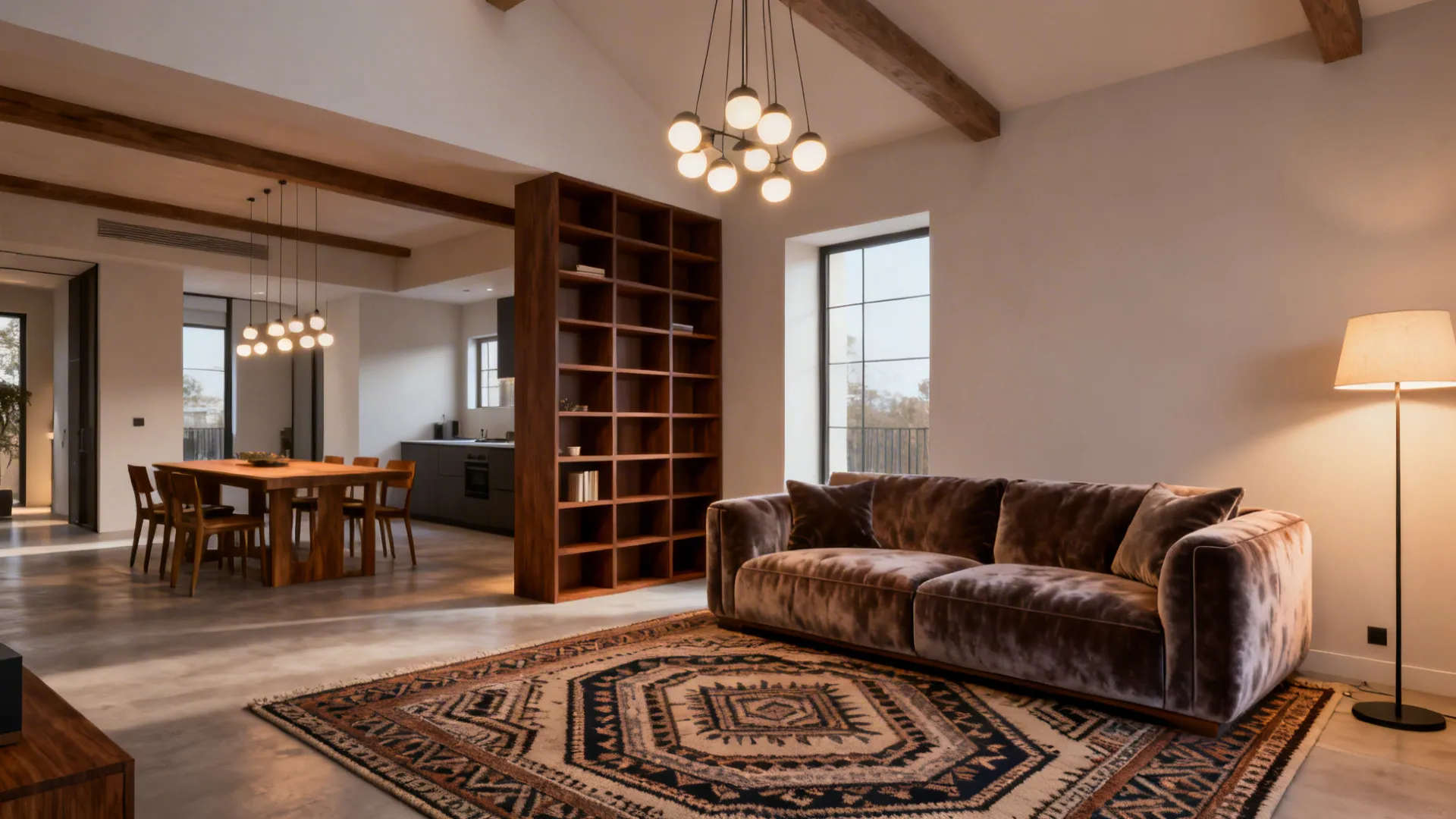 Open high-ceiling room showing furniture zones with rugs, shelving divider and layered lighting.