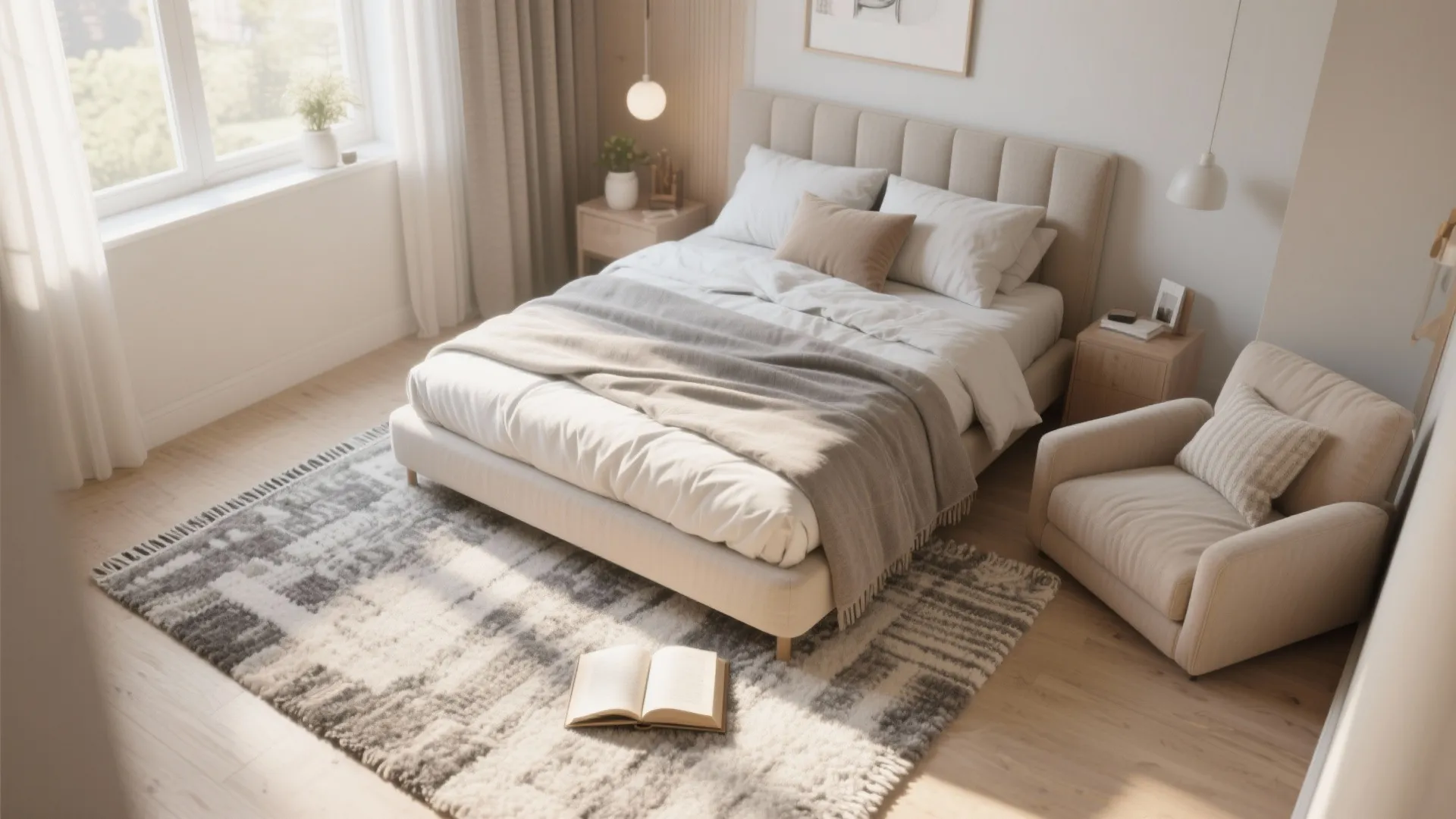 Cozy bedroom with beige bed grey rug wooden floor white windows armchair and natural light