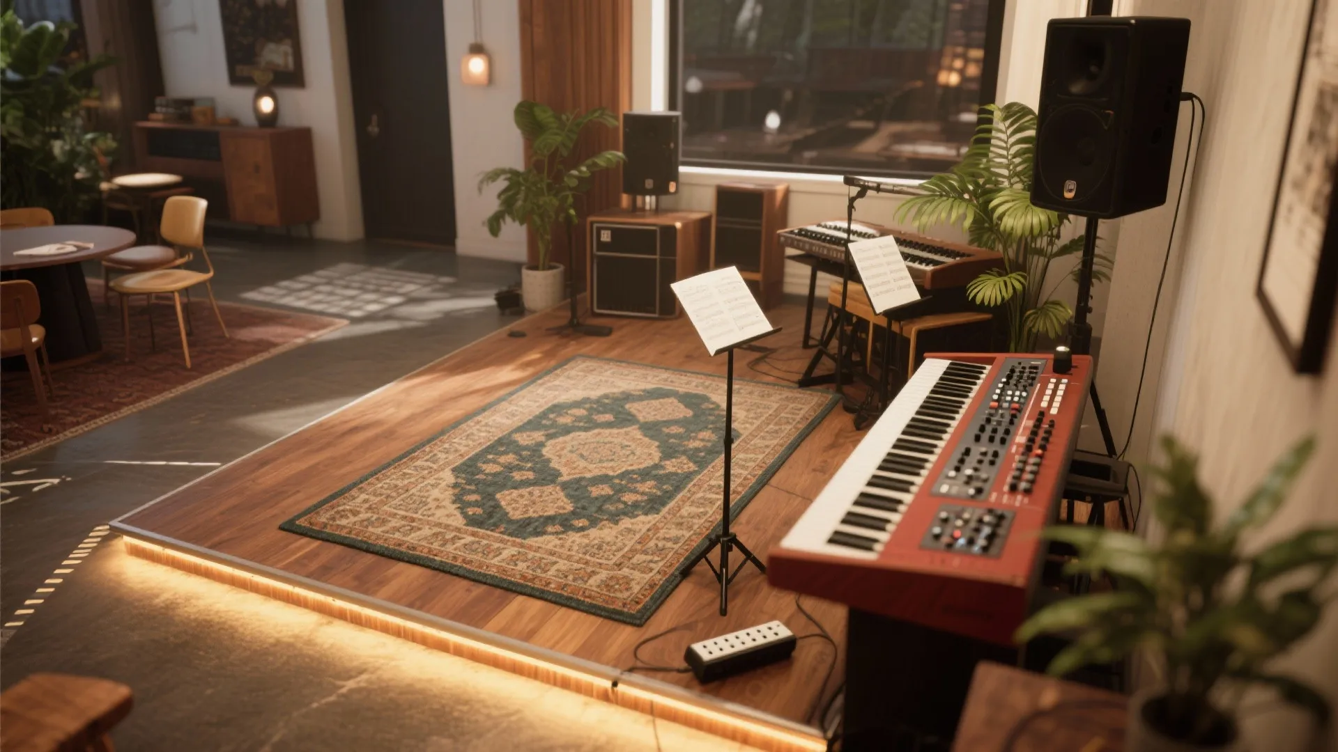 Small wooden stage with a keyboard and speakers in a music room with large windows