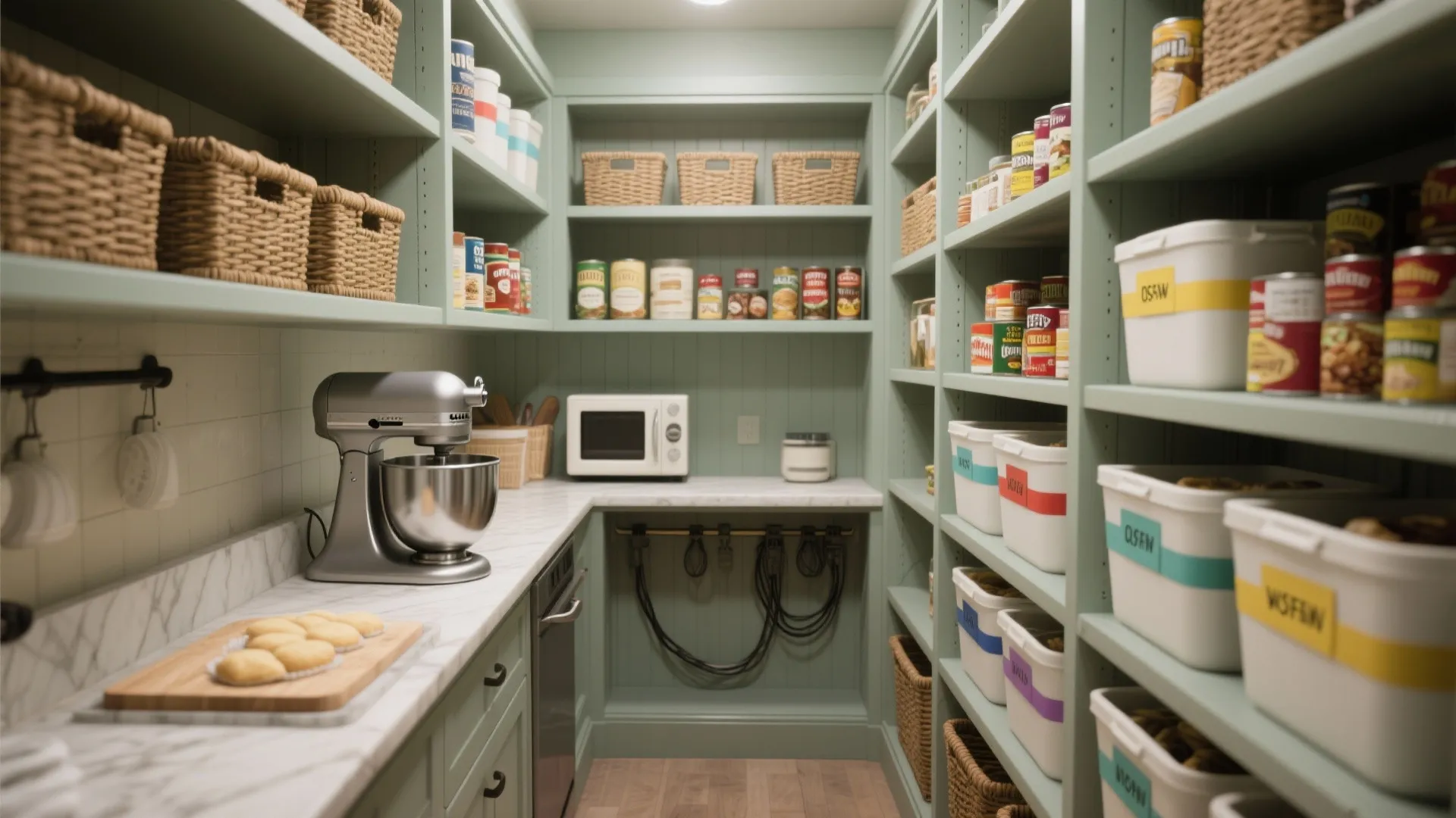Walk-in pantry with distinct zones for baking, canned goods, and small appliances, using labeled bins and banded baskets.