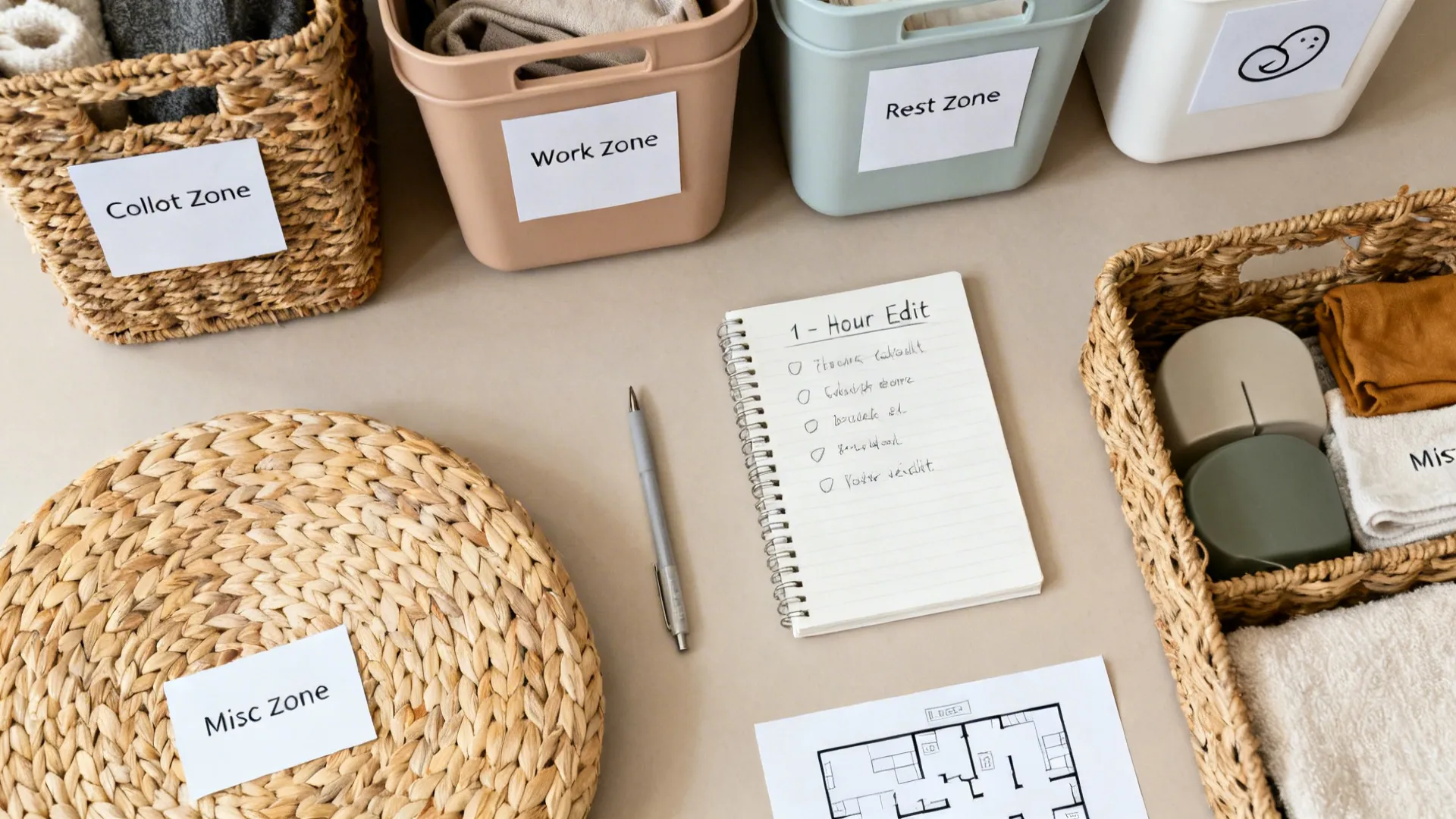 Top-down layout of labeled storage bins and a zoning plan for a small room.