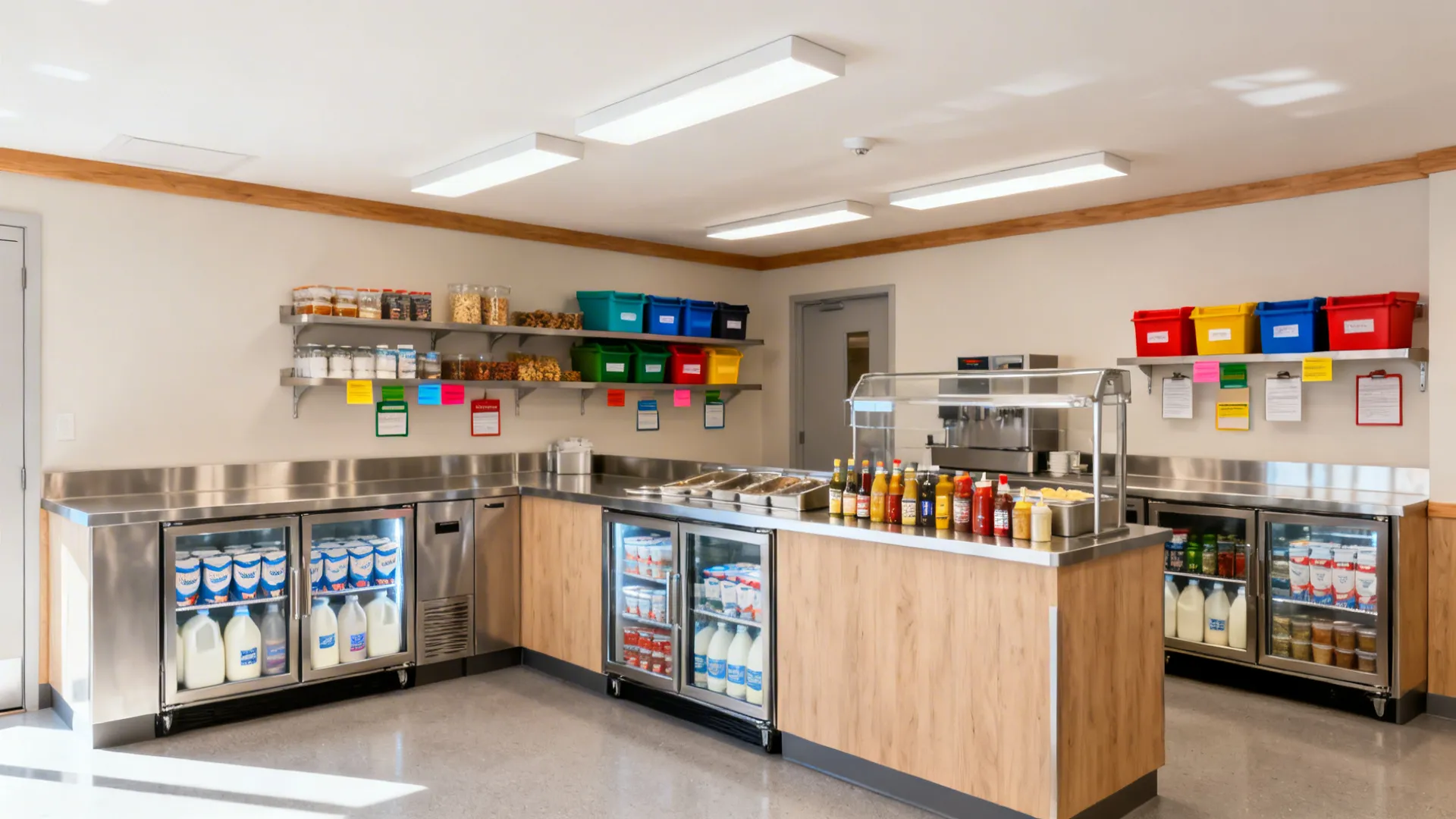 Professional kitchen counter with wood cabinets, colorful bins, bottled sauces, and milk inside glass fridges