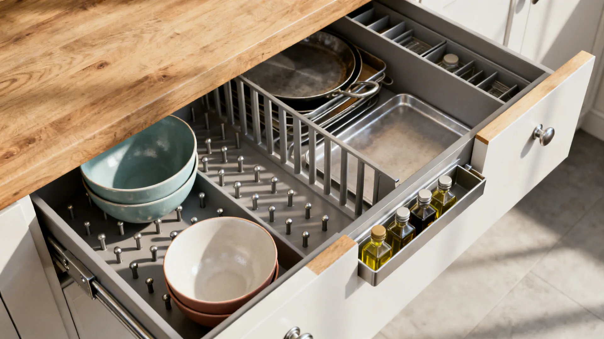 Macro of adjustable peg drawer with bowls, tray dividers, and an oil pull-out.