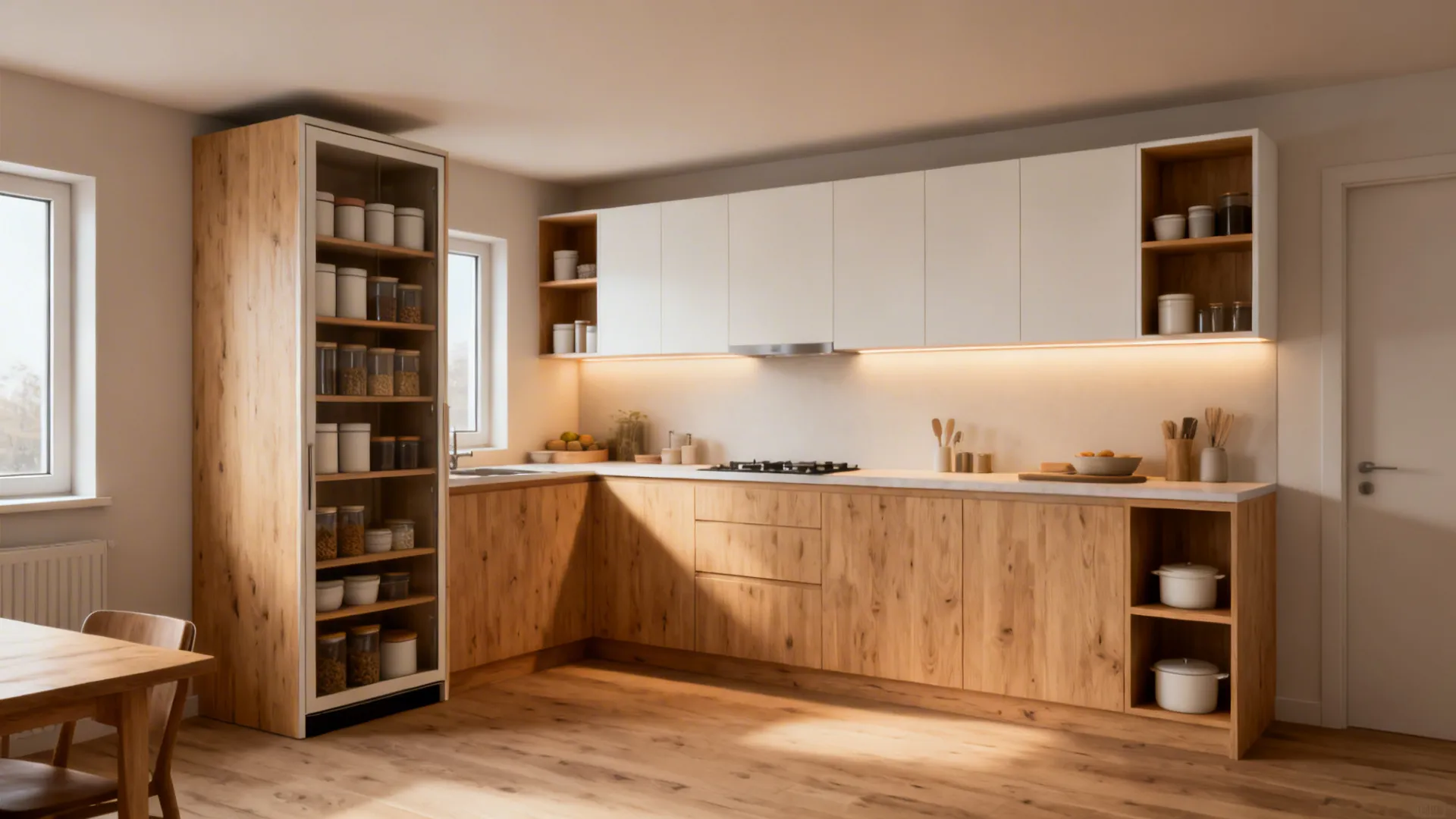 Windowless L-shaped kitchen with a tall pantry on the short leg and shallow open shelves on the long run.
