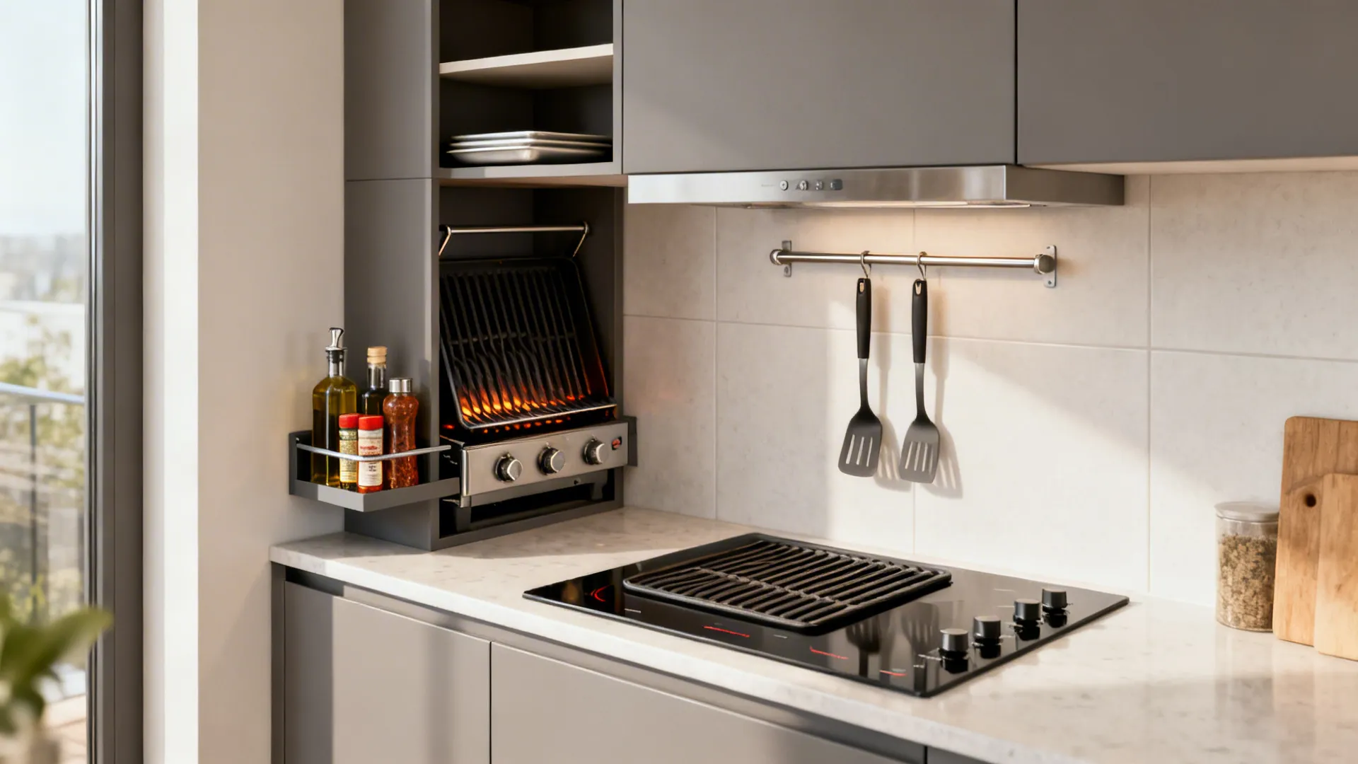 Small kitchen with a narrow pull-out for oils and an upper tray cabinet near the grill under a hood.