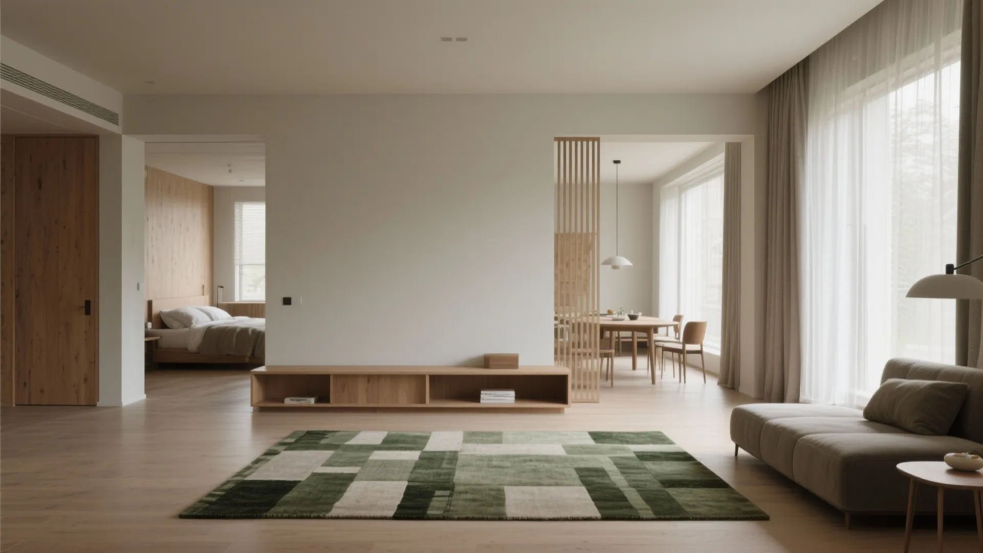 Minimalist open plan living area with green rug wooden cabinet sofa and view of bedroom