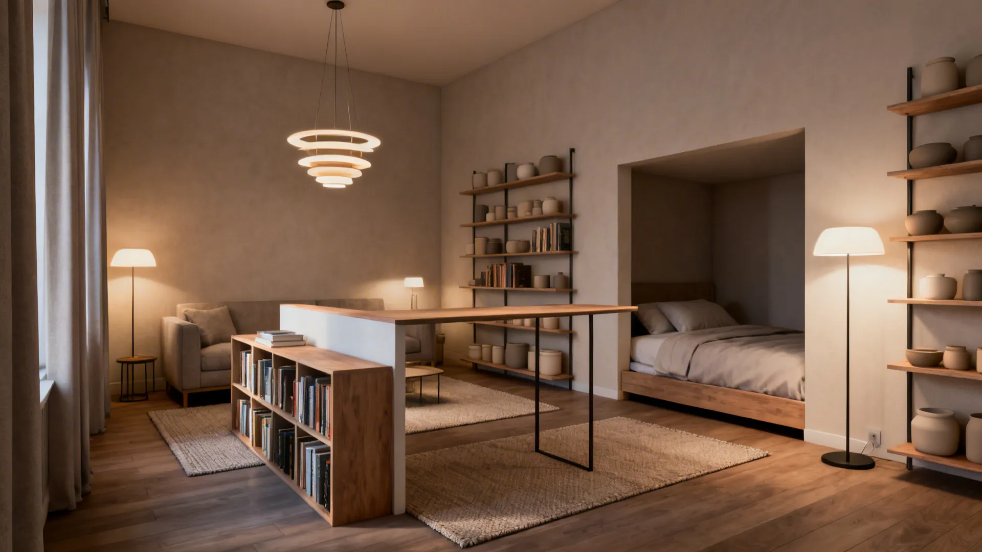 Studio interior with a low bookshelf divider and rugs defining living and sleeping zones.