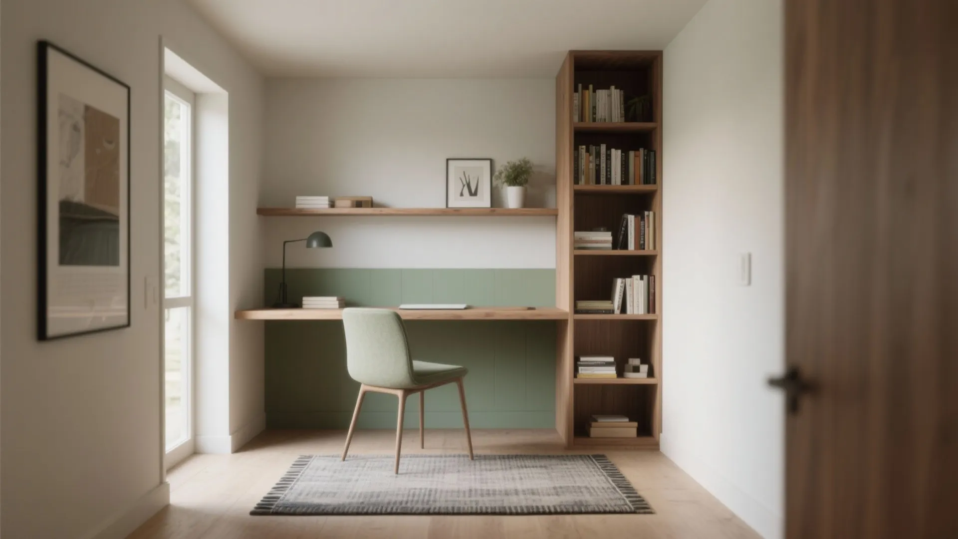 Zoned study area with green wall panel wooden desk tall bookshelf green chair and rug